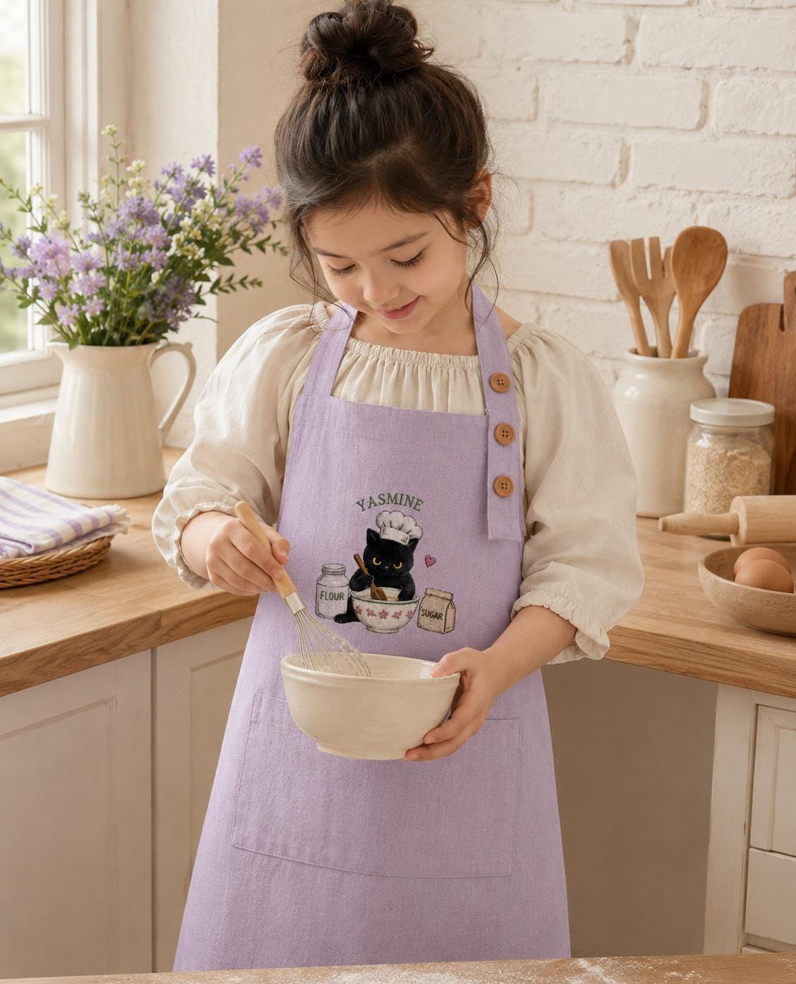 Cute Black Cat Chef Embroidered Linen Apron – Custom Name Baking Gift