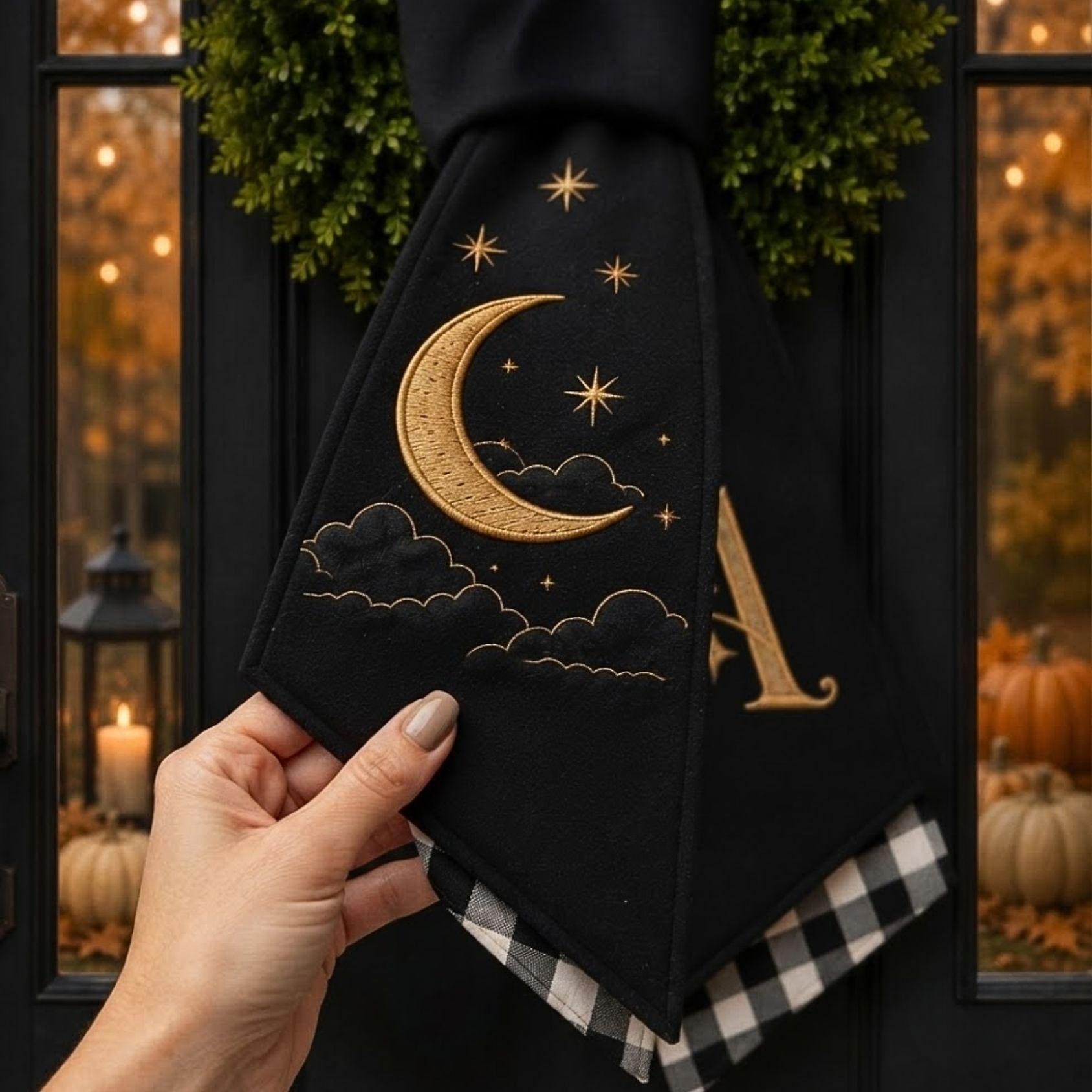 Halloween Crescent Moon Wreath Sash – Custom Gold Monogram Door Decor