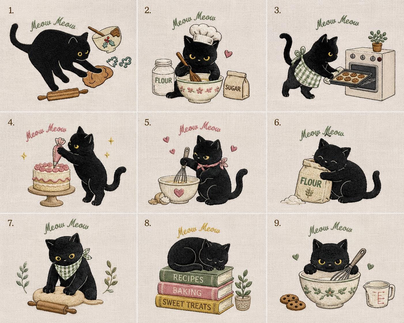 Cute Black Cat Embroidered Linen Apron – Custom Name Baking Gift