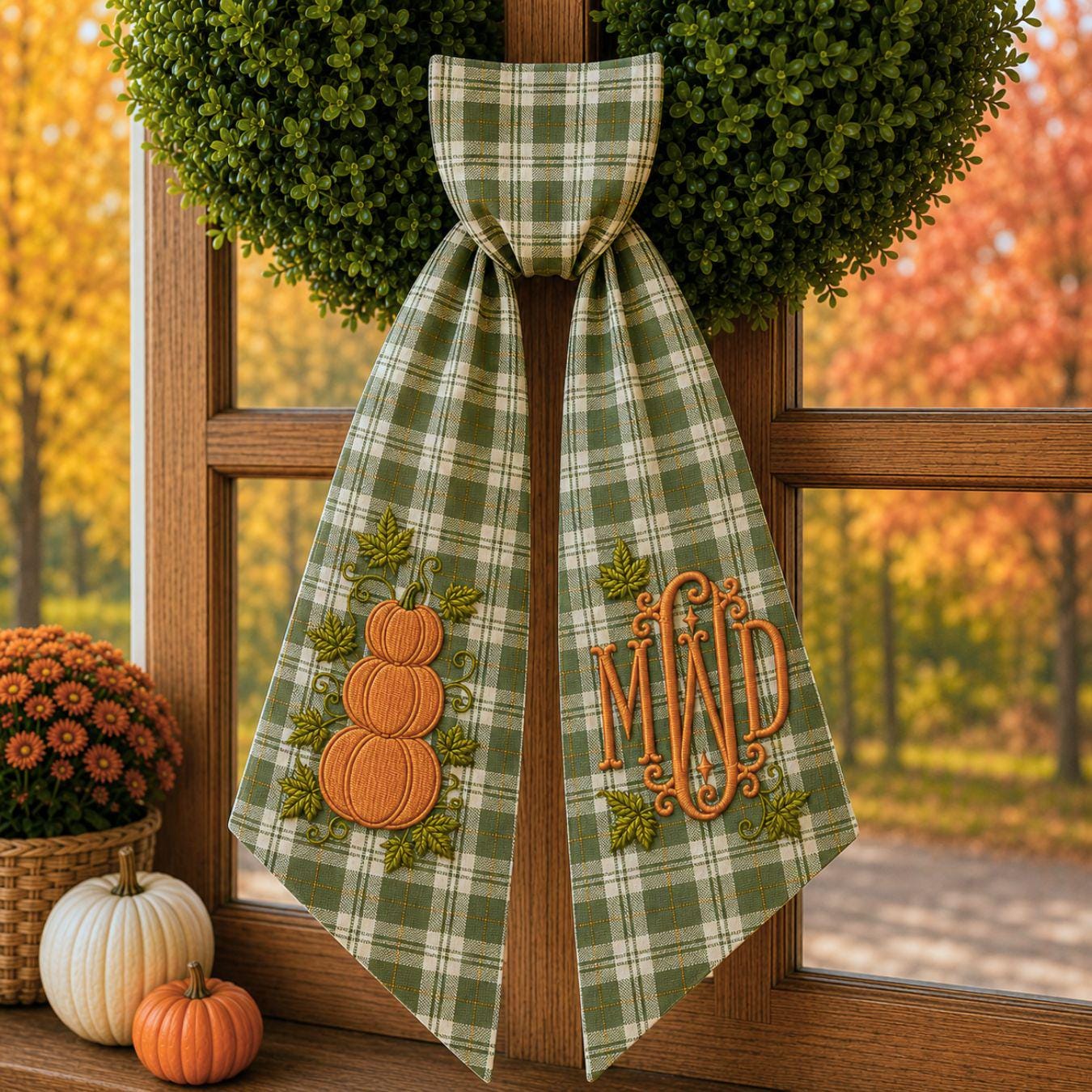 Custom Pumpkin Wreath Sash – Monogram Ribbon Fall Door Decor