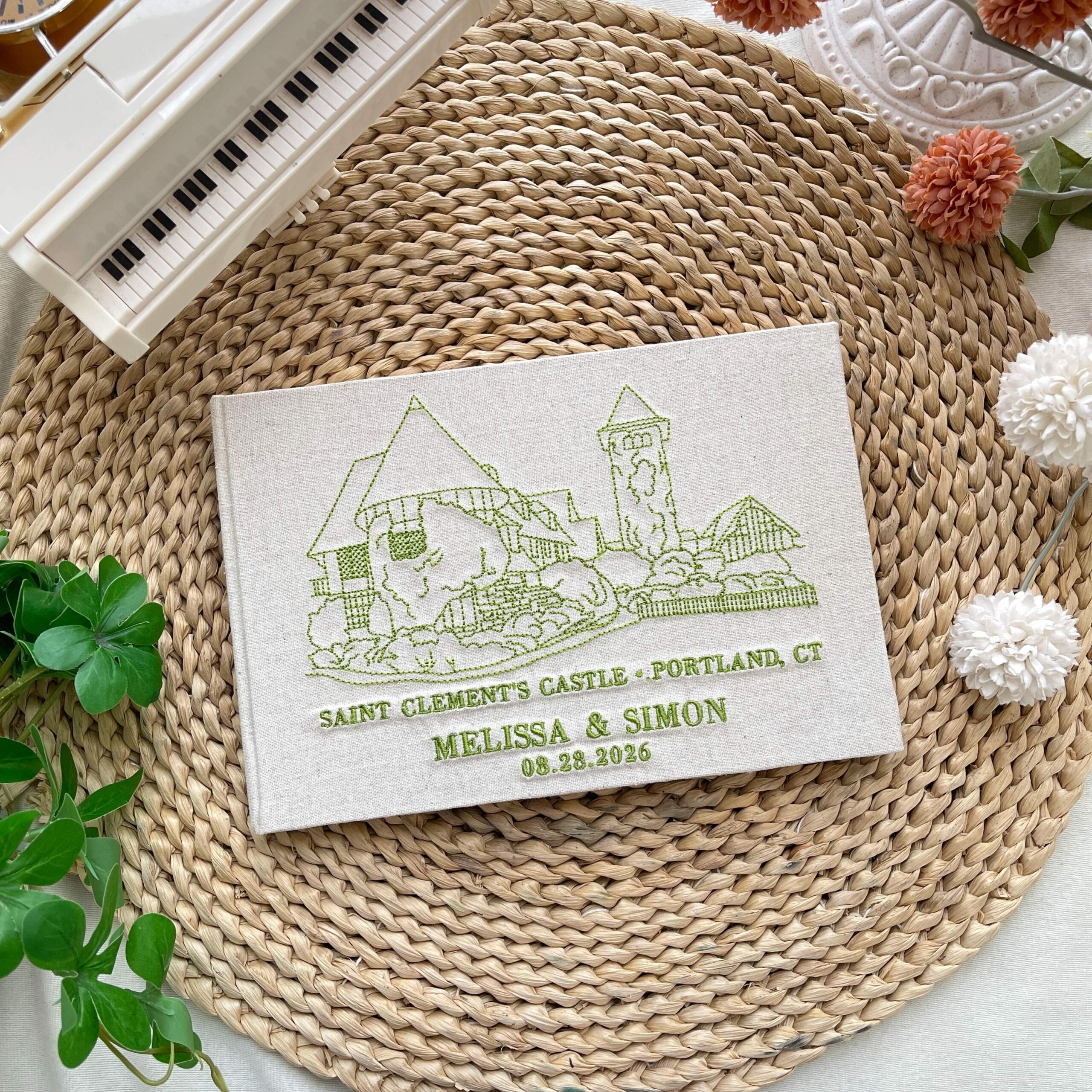 Portrait Wedding Venue Embroidered Guest Book – Custom Photo Linen Keepsake Portrait Wedding Venue Embroidered Guest Book – Custom Photo Linen Keepsake