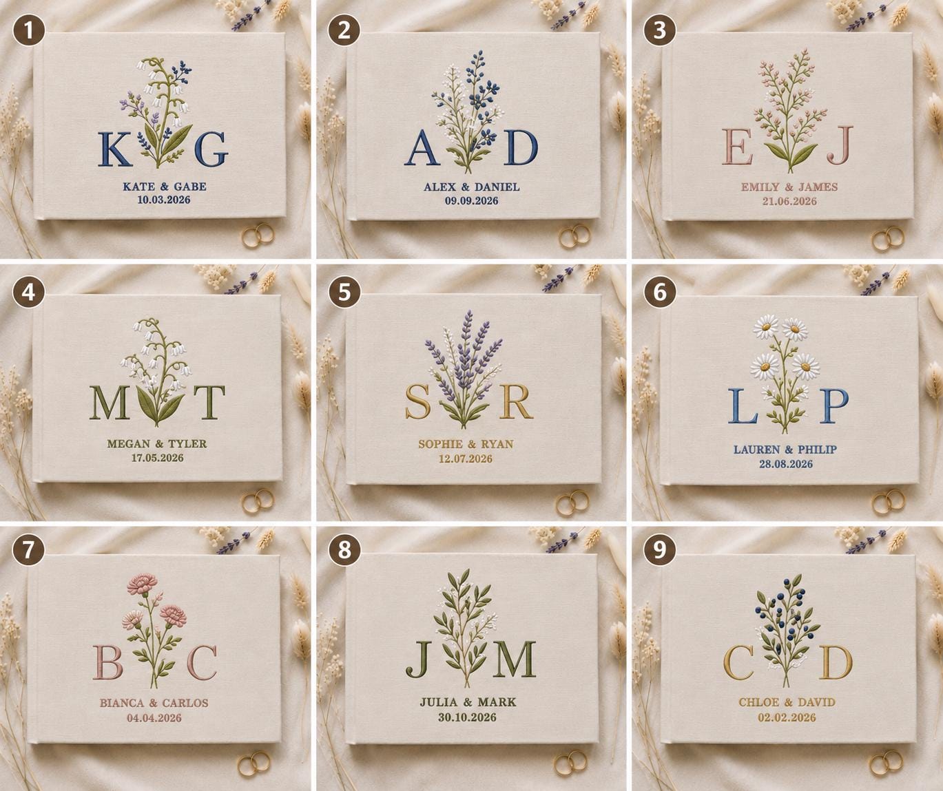 Lily of the Valley Floral Embroidered Wedding Guest Book – Personalized Initial Linen Keepsake