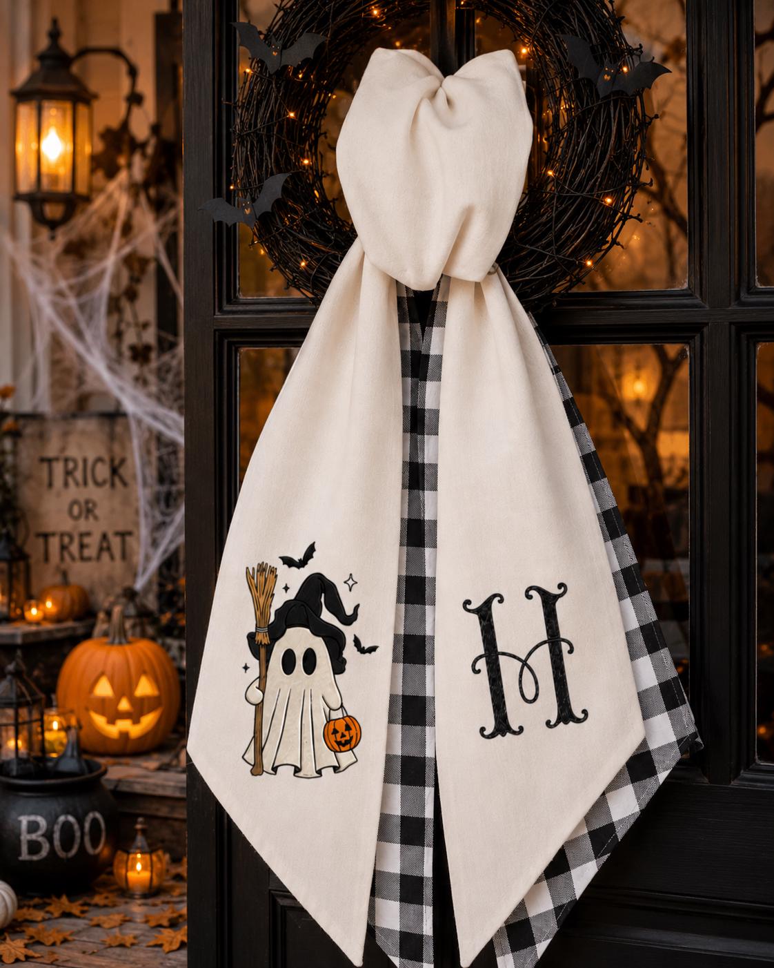 Halloween Ghost Embroidered Wreath Sash – Custom Witchy Initial Door Decor Halloween Ghost Embroidered Wreath Sash – Custom Witchy Initial Door Decor