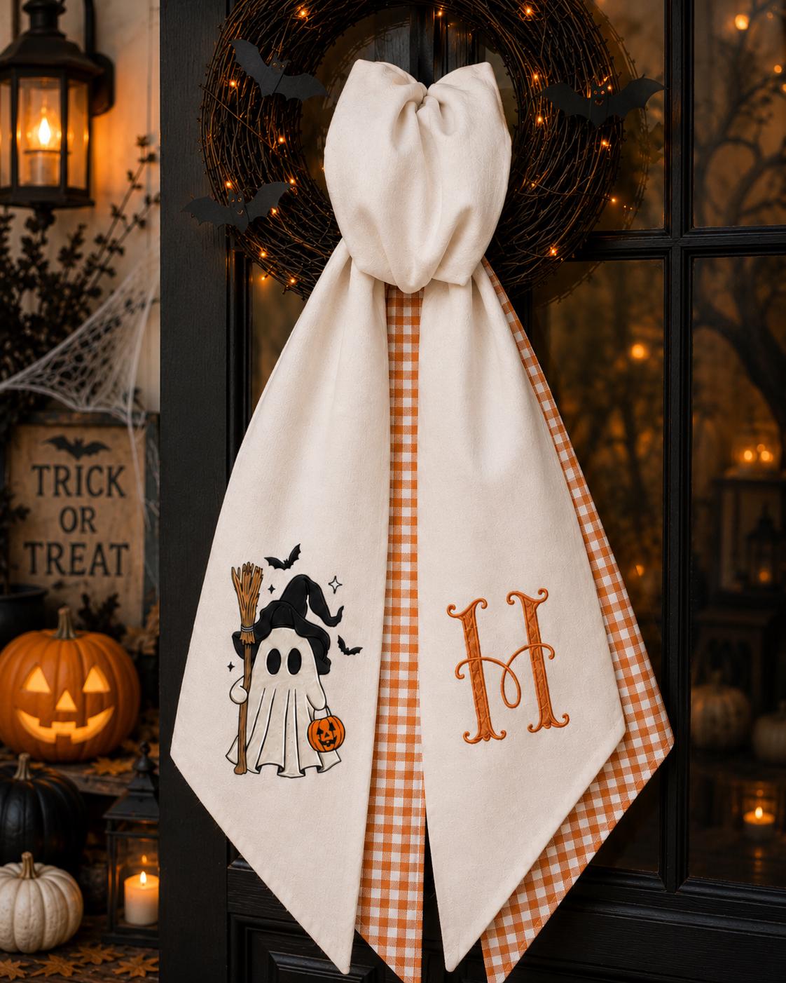 Halloween Ghost Embroidered Wreath Sash – Custom Witchy Initial Door Decor
