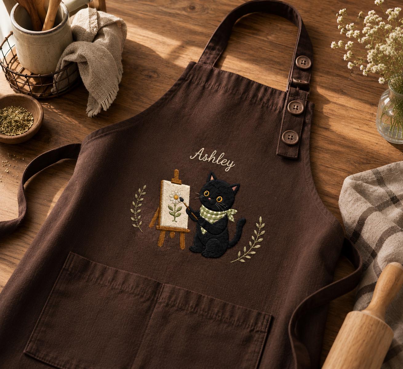 Black Cat Artist Embroidered Apron – Custom Name Painter Gift