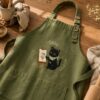 Cute Black Cat Chef Embroidered Linen Apron – Custom Name Kids Baking Gift