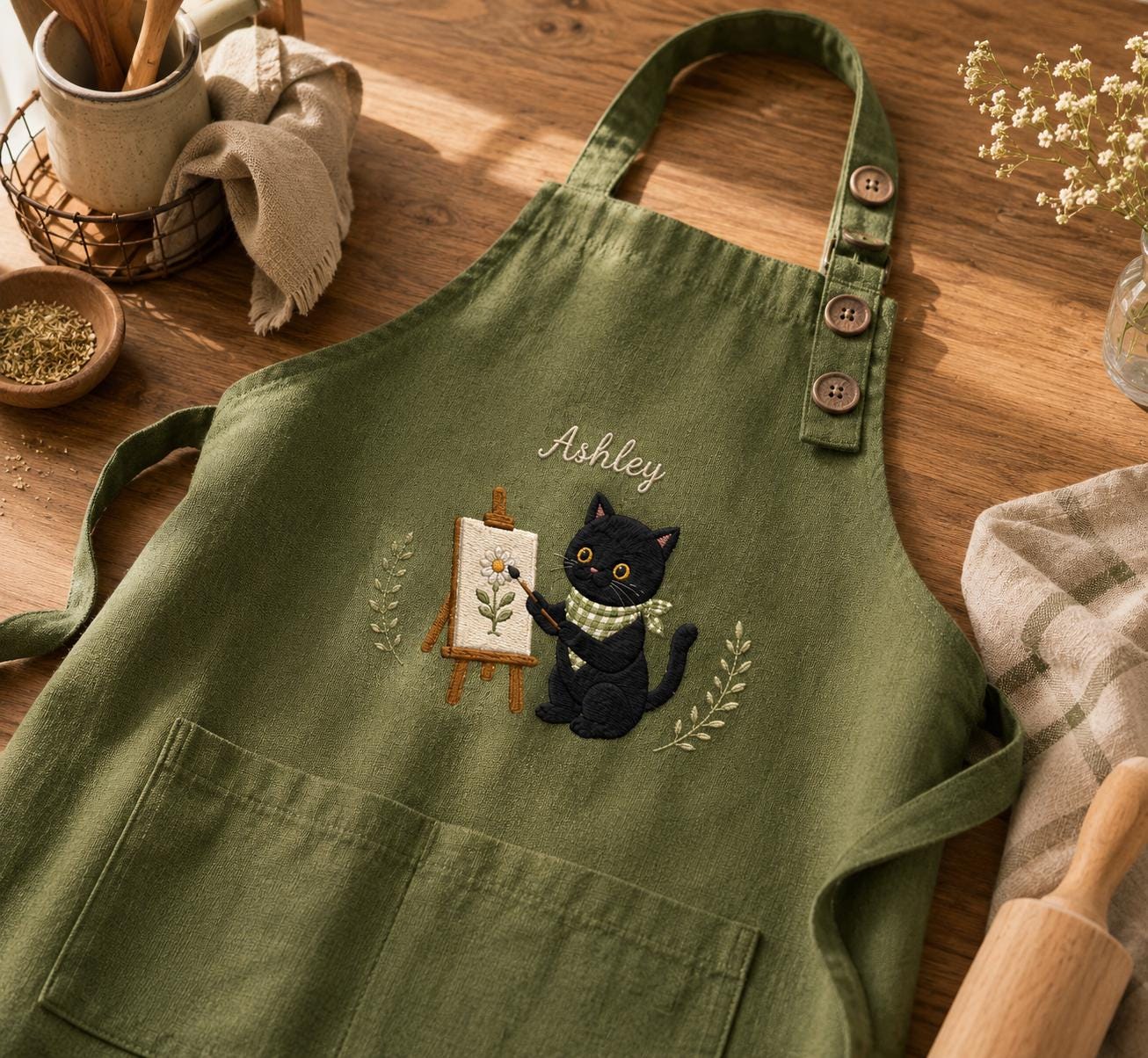 Black Cat Artist Embroidered Apron – Custom Name Painter Gift