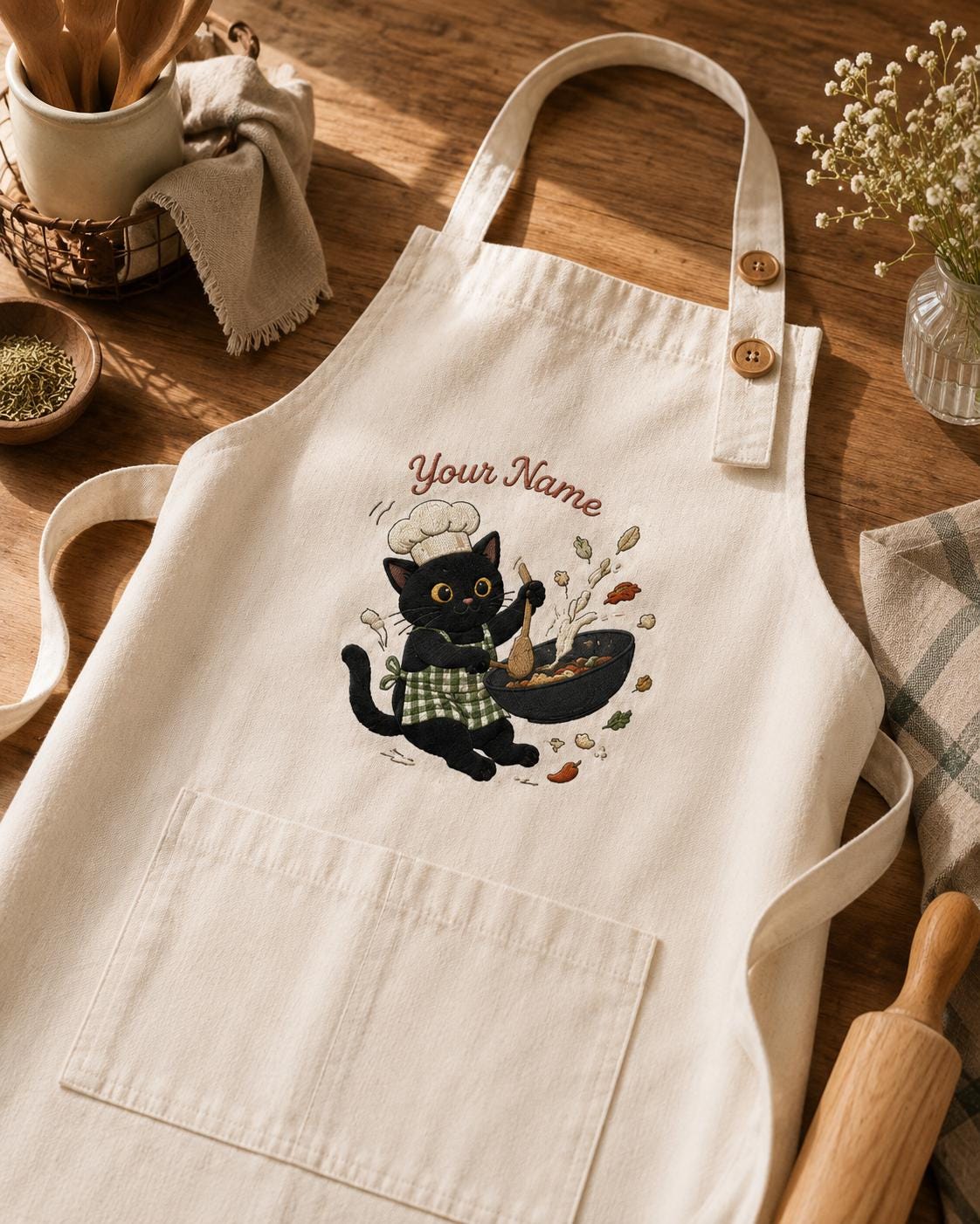 Black Cat Embroidered Linen Apron – Custom Name Cooking Gift