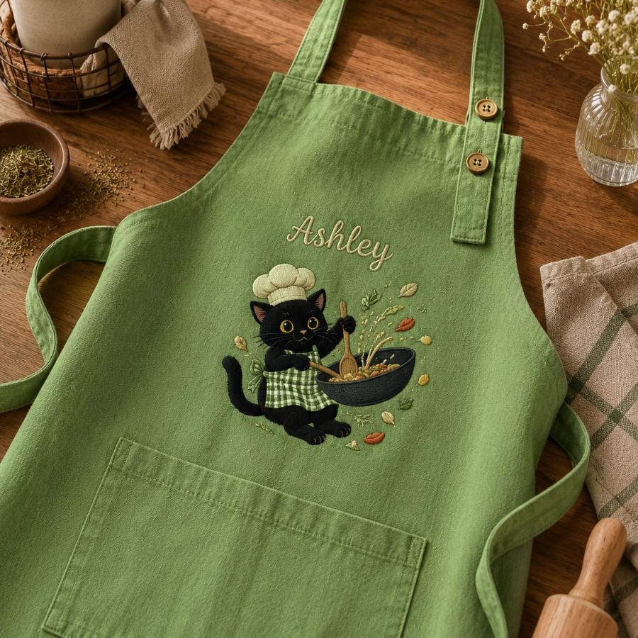 Black Cat Embroidered Linen Apron – Custom Name Cooking Gift