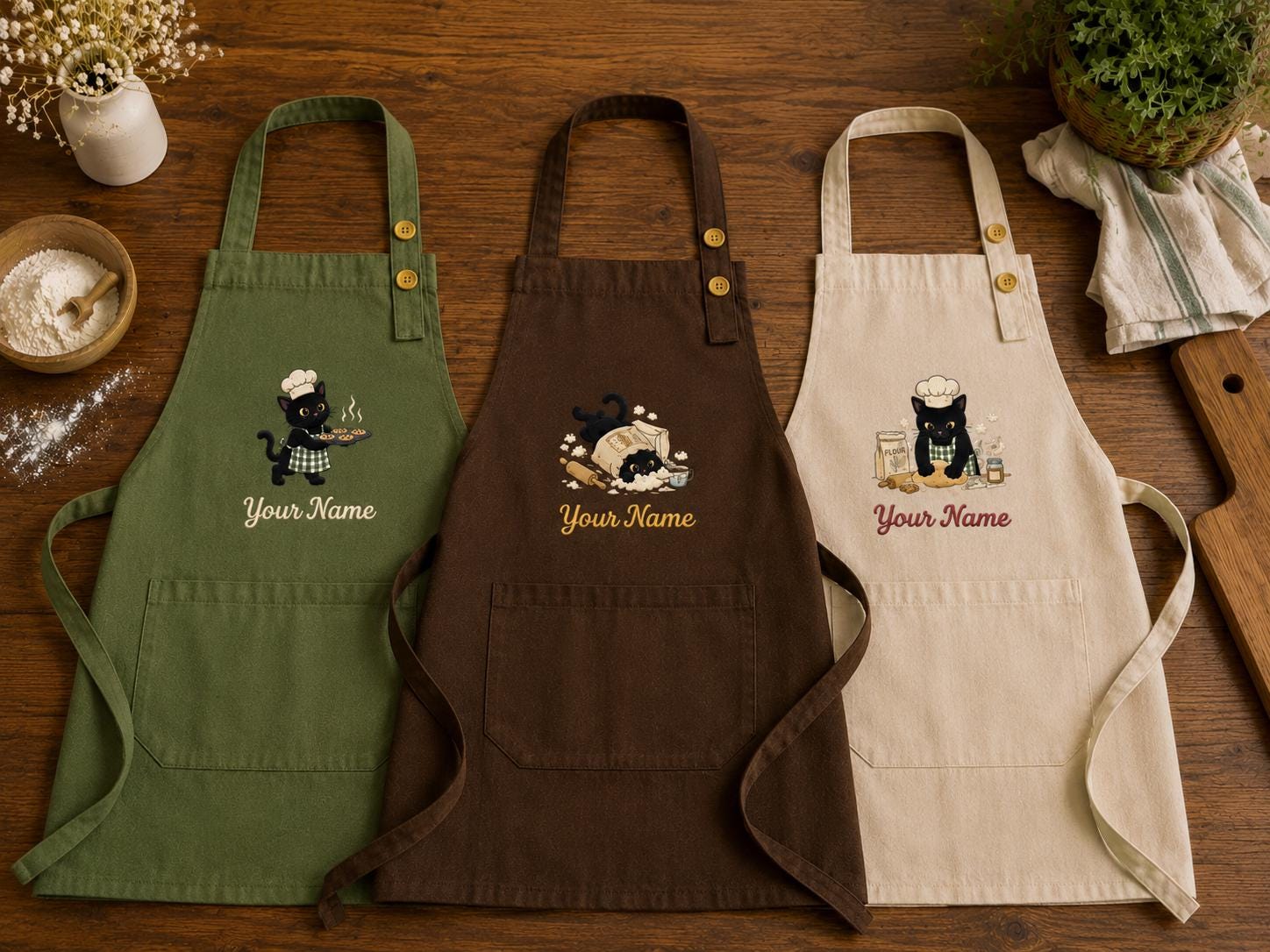 Black Cat Baker Embroidered Linen Apron – Custom Name Baking Gift