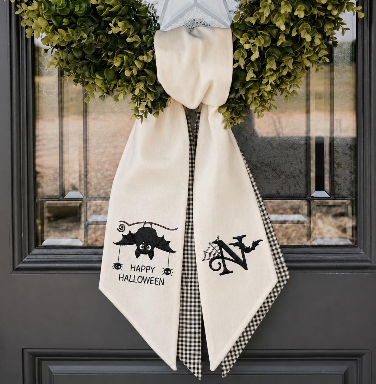 Happy Halloween Bat Embroidered Wreath Sash – Custom Monogram Gingham Door Decor Happy Halloween Bat Embroidered Wreath Sash – Custom Monogram Gingham Door Decor