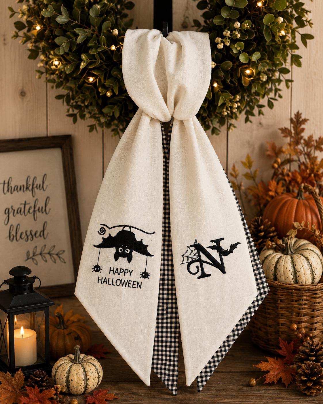 Happy Halloween Bat Embroidered Wreath Sash – Custom Monogram Gingham Door Decor