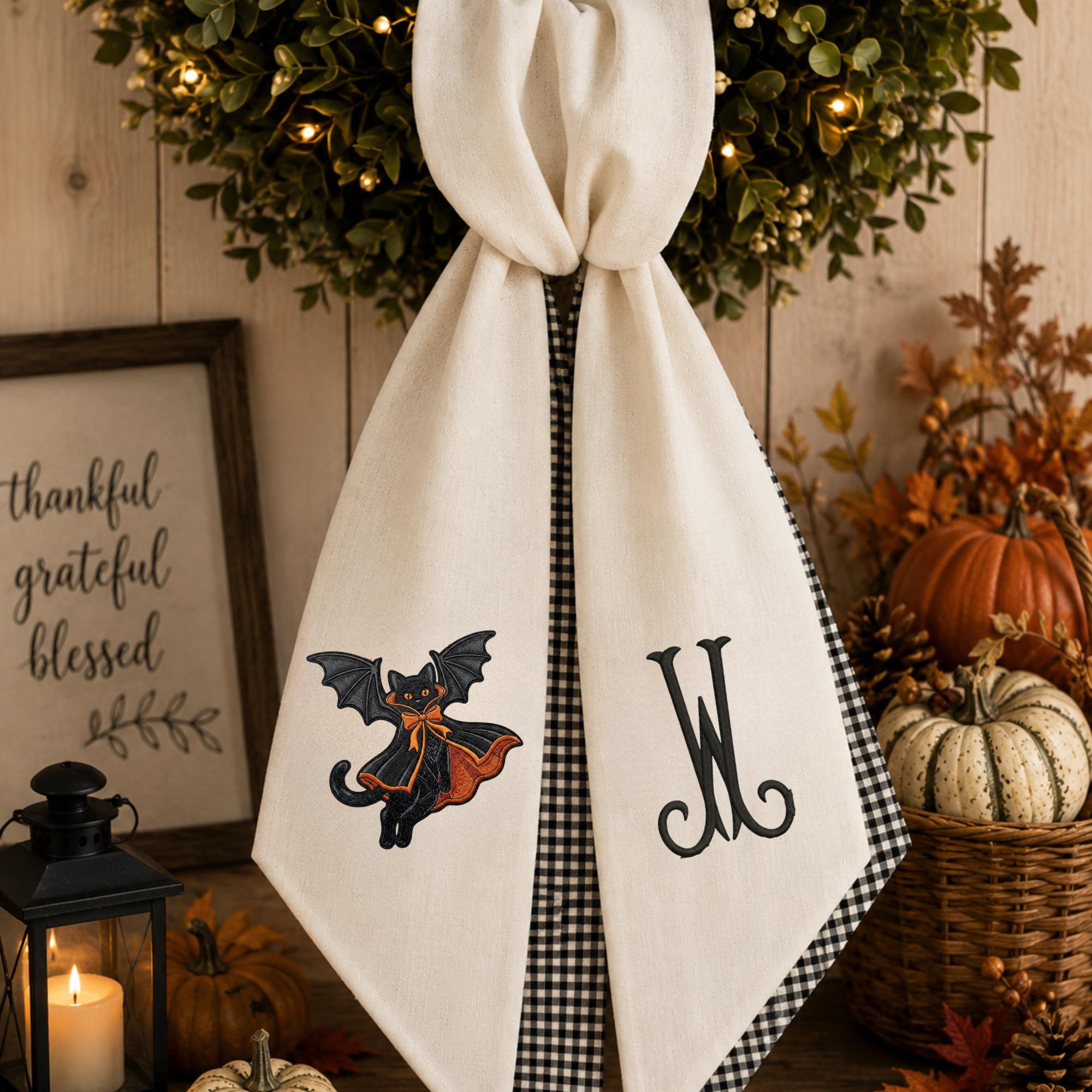 Black Cat Halloween Embroidered Wreath Sash – Custom Monogram White Gingham Decor Black Cat Halloween Embroidered Wreath Sash – Custom Monogram White Gingham Decor