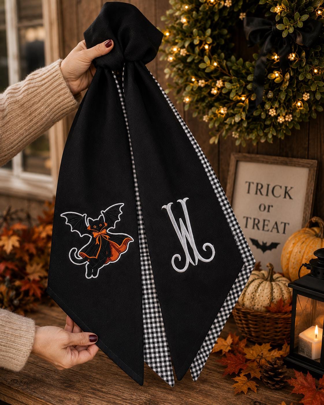 Black Cat Halloween Embroidered Wreath Sash – Custom Monogram White Gingham Decor Black Cat Halloween Embroidered Wreath Sash – Custom Monogram White Gingham Decor