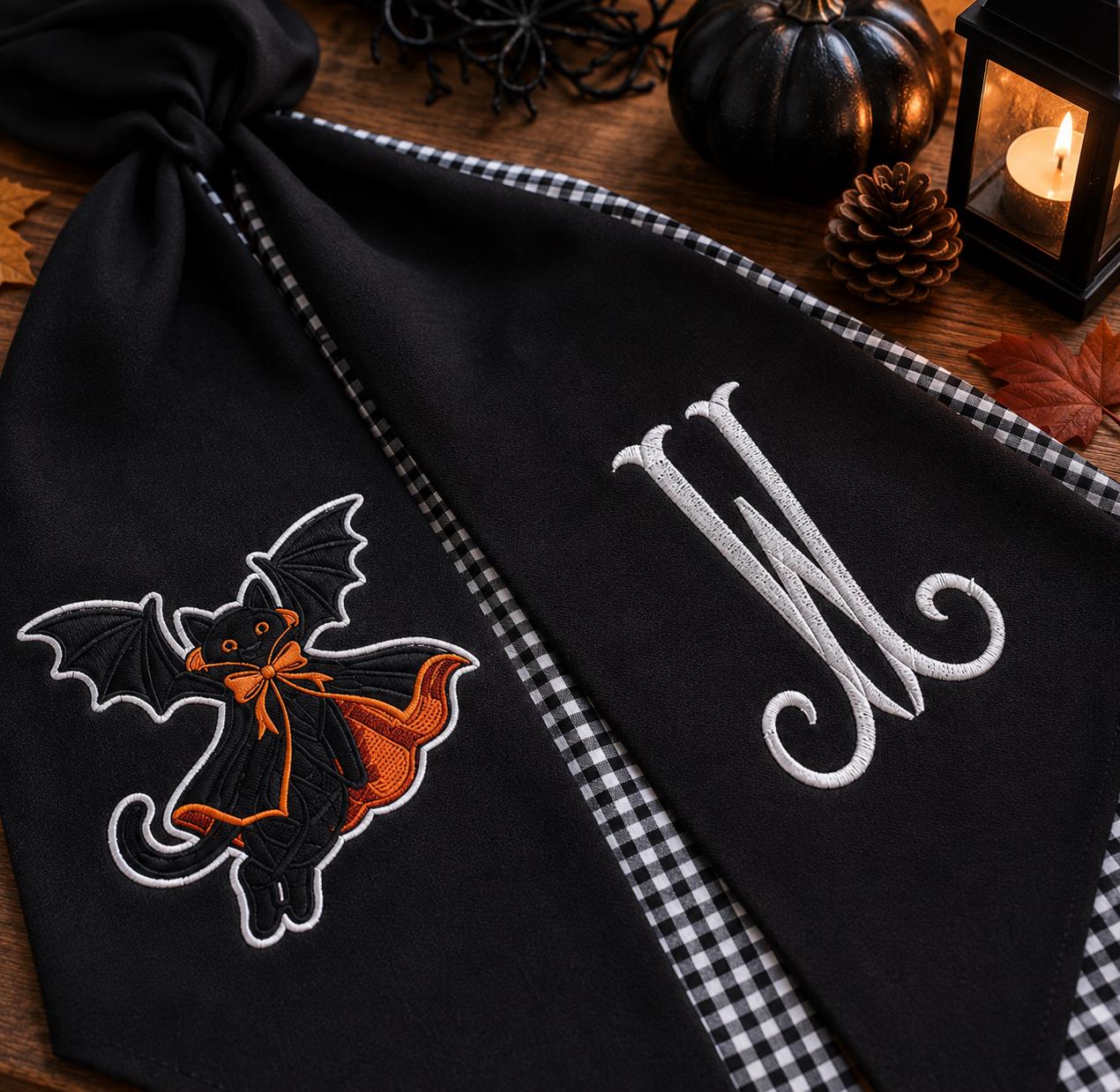 Black Cat Halloween Embroidered Wreath Sash – Custom Monogram White Gingham Decor