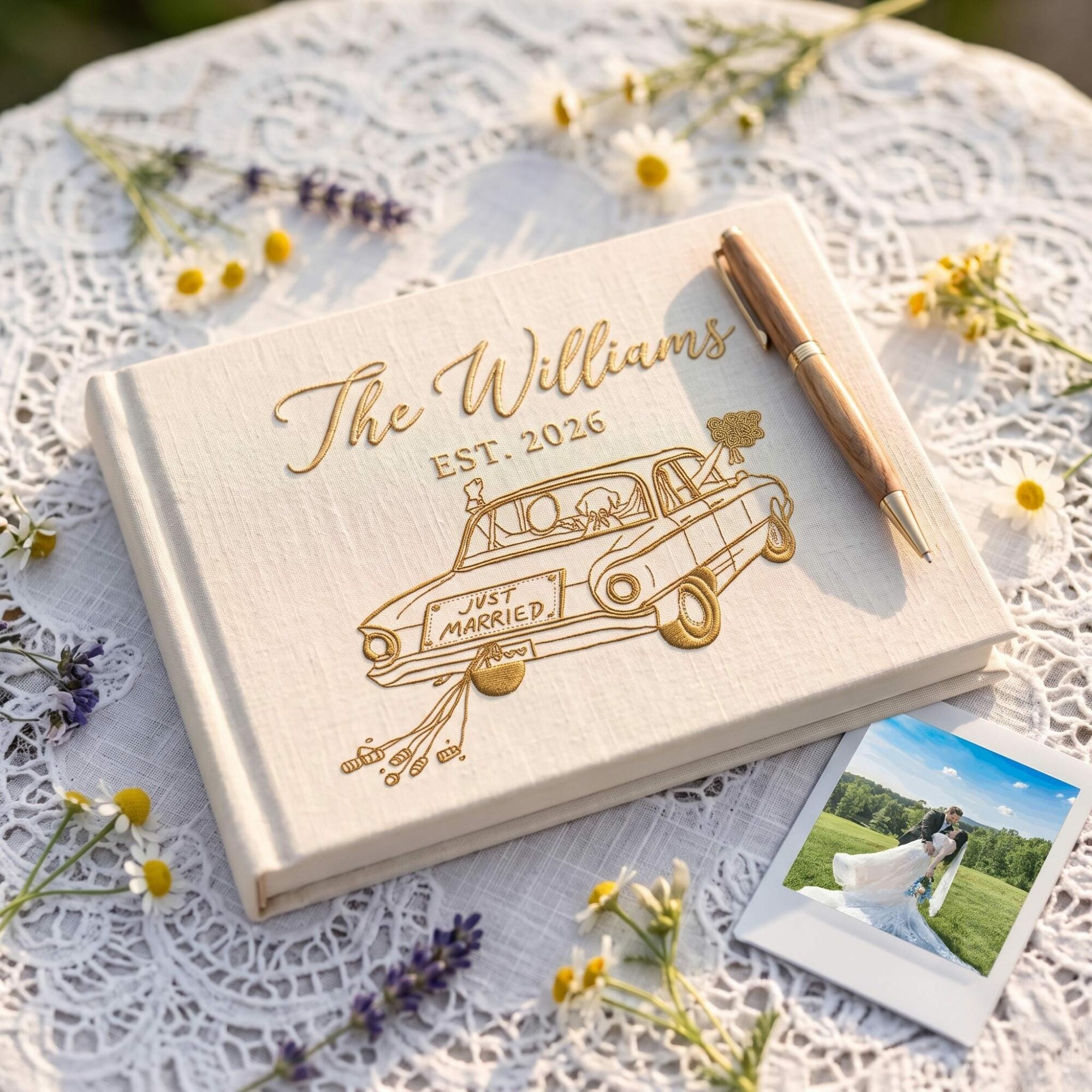 Wedding Car Line Art Embroidered Guest Book – Personalized Couple Linen Keepsake