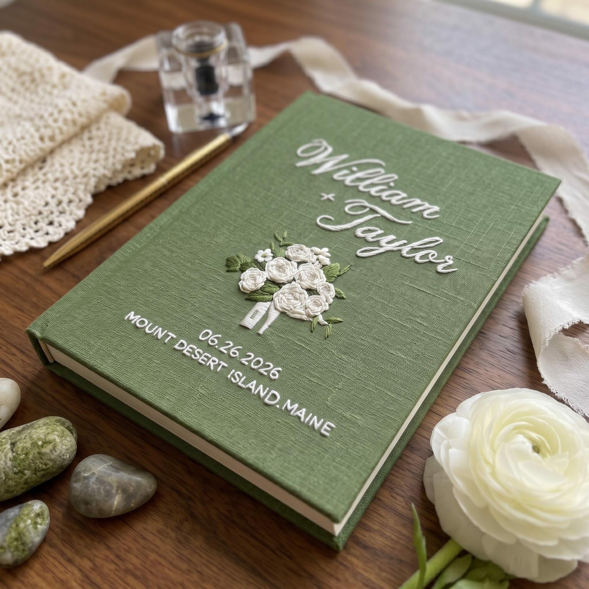 Custom Wedding Bouquet Embroidered Guest Book, Personalized Linen Wedding Guestbook, Custom Name Date Venue Sign In Book, Bridal Shower Gift