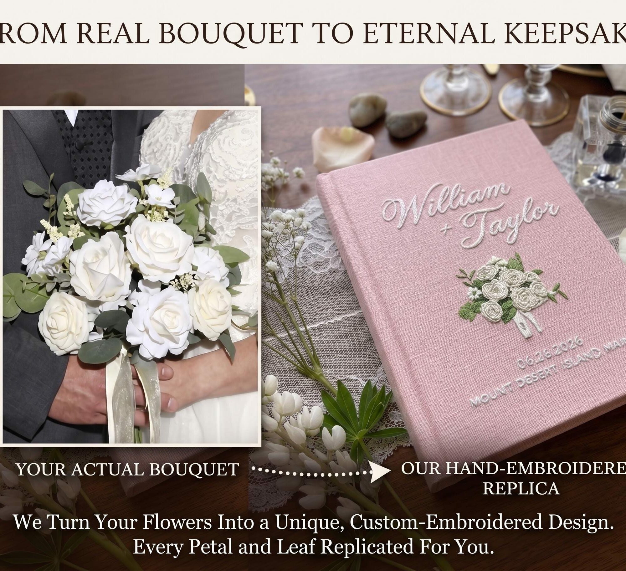 Wedding Bouquet Embroidered Guest Book – Custom Linen Keepsake for Couples