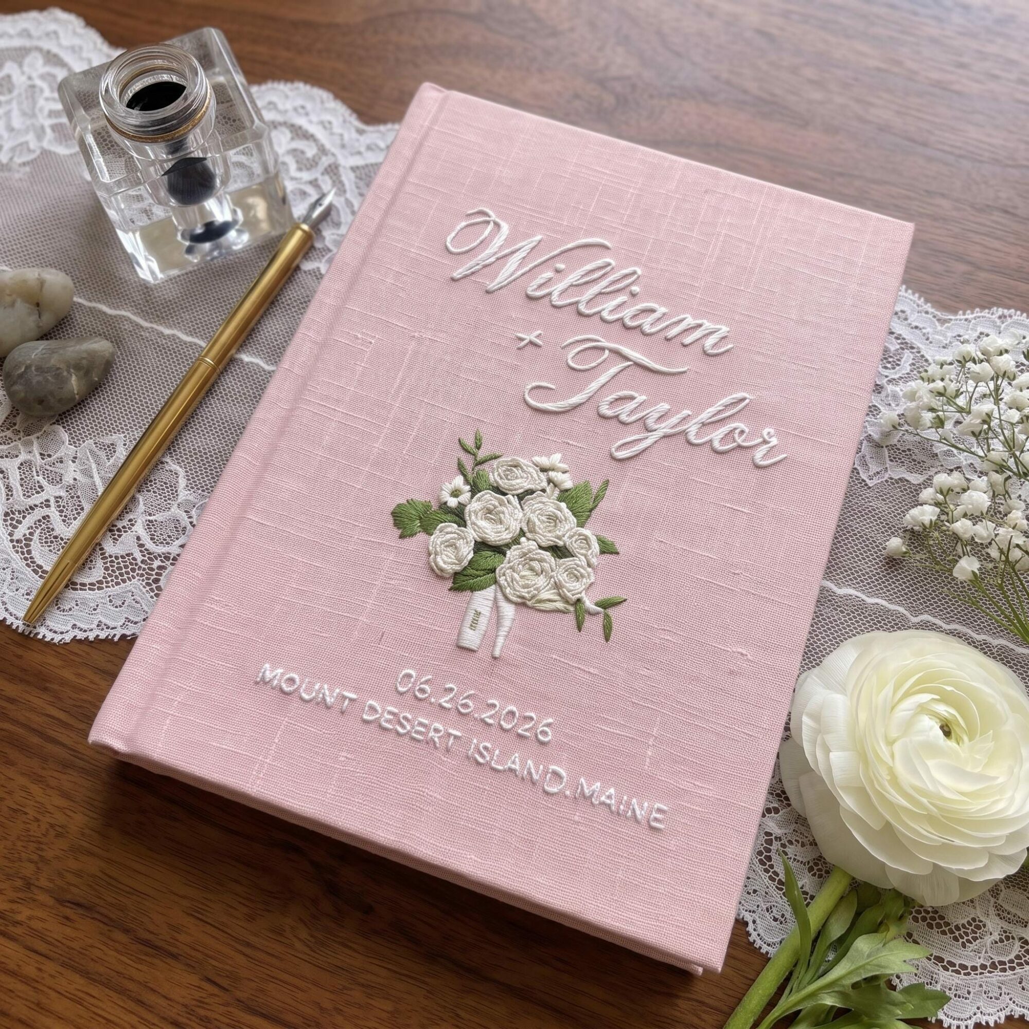 Custom Wedding Bouquet Embroidered Guest Book, Personalized Linen Wedding Guestbook, Custom Name Date Venue Sign In Book, Bridal Shower Gift