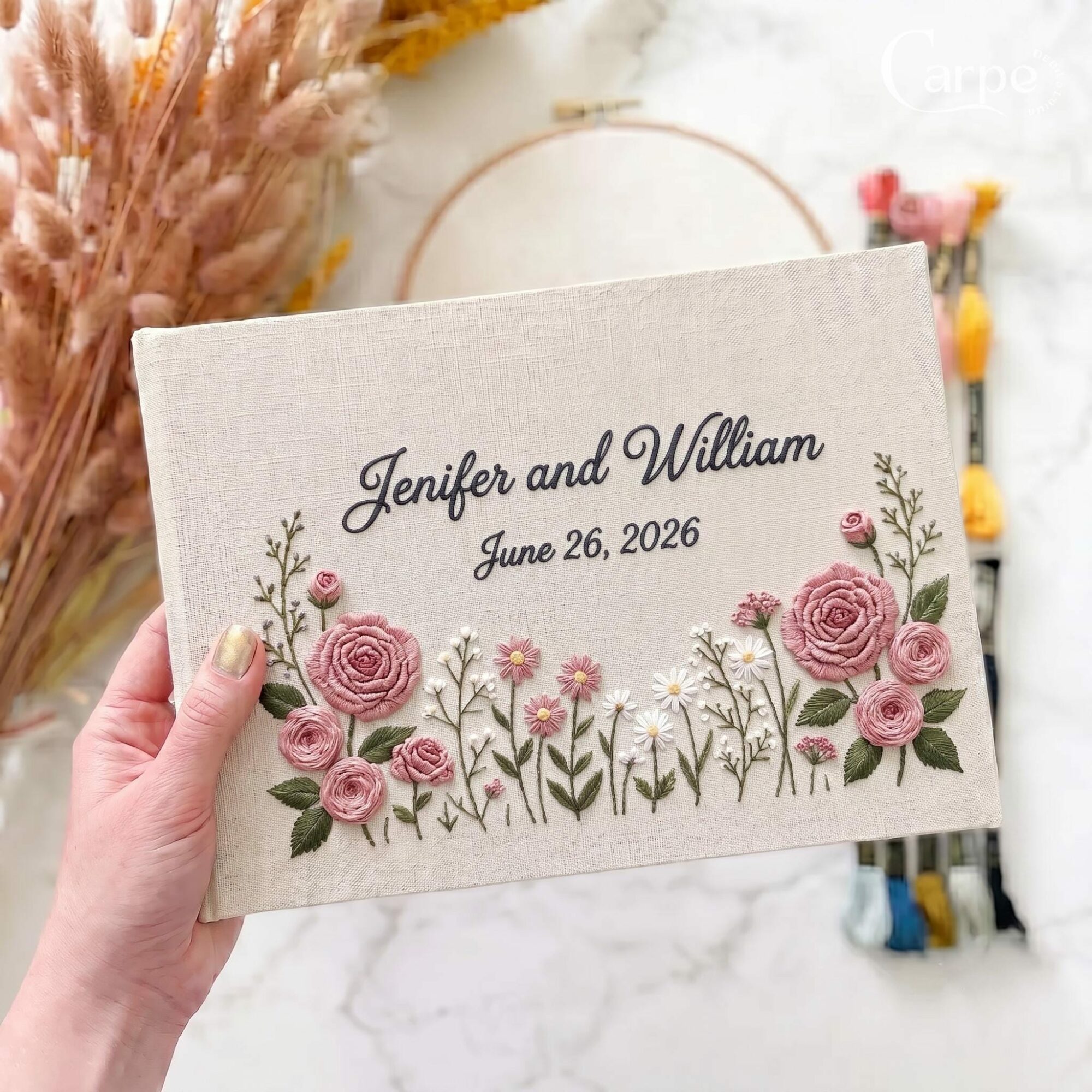 Custom Rose Embroidered Wedding Guest Book, Personalized Couple Name Date Linen Guestbook, Embroidered Sign In Book, Bridal Shower Gift