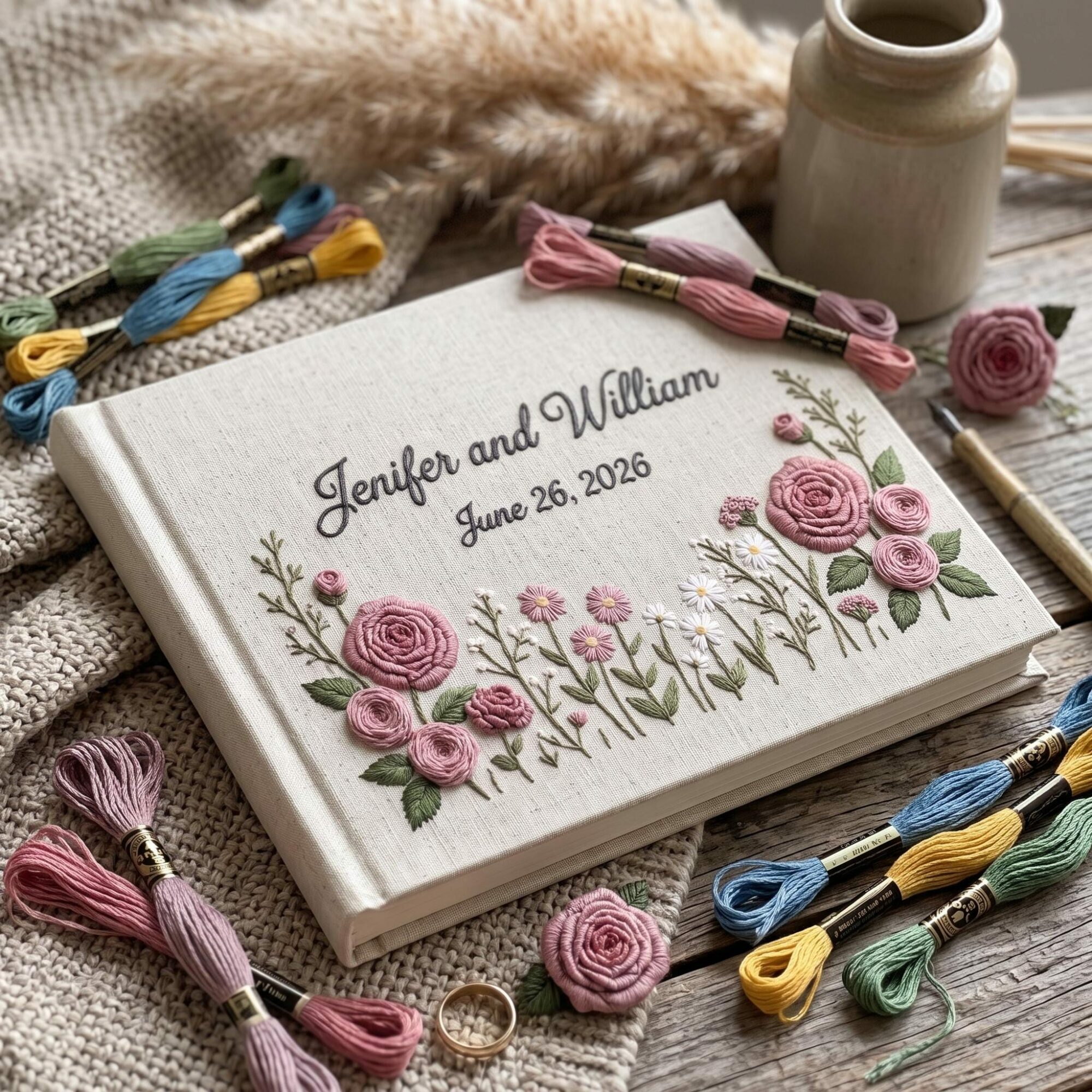 Rose Embroidered Wedding Guest Book – Personalized Linen Keepsake for Couples