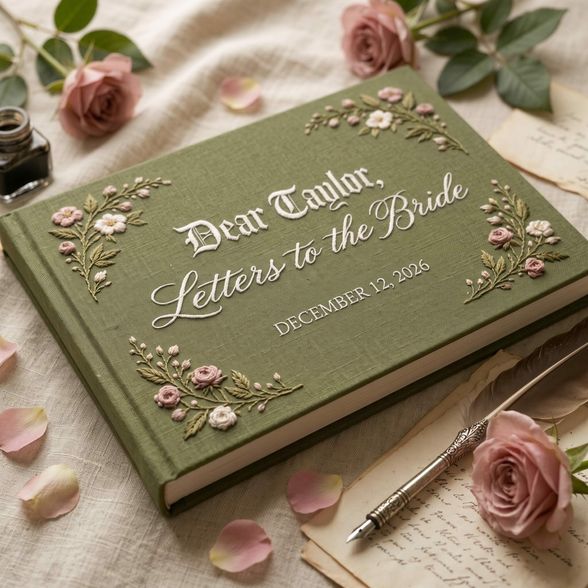 Letters to the Bride Embroidered Rose Guest Book – Personalized Linen Bridal Shower Keepsake