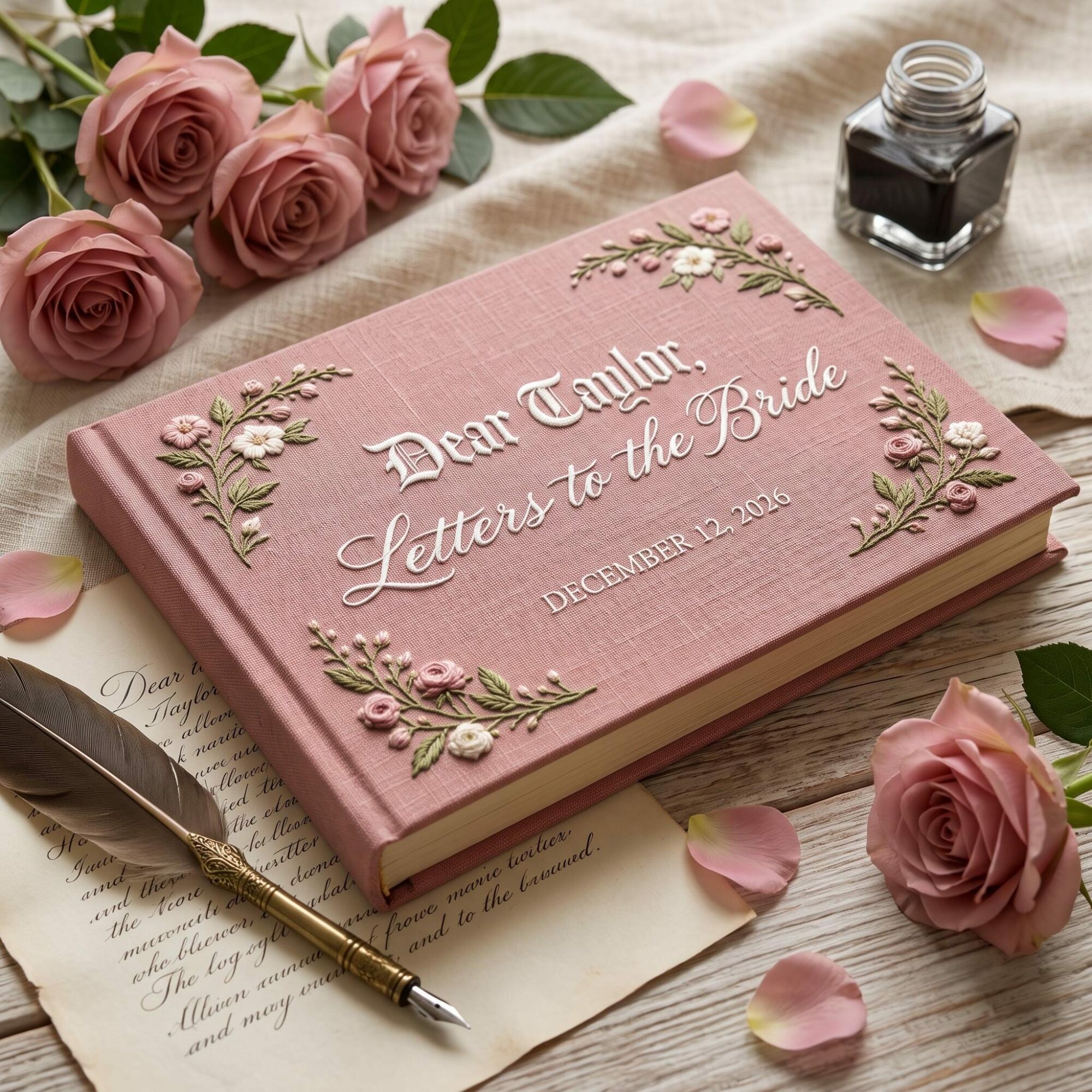 Letters to the Bride Embroidered Rose Guest Book – Personalized Linen Bridal Shower Keepsake