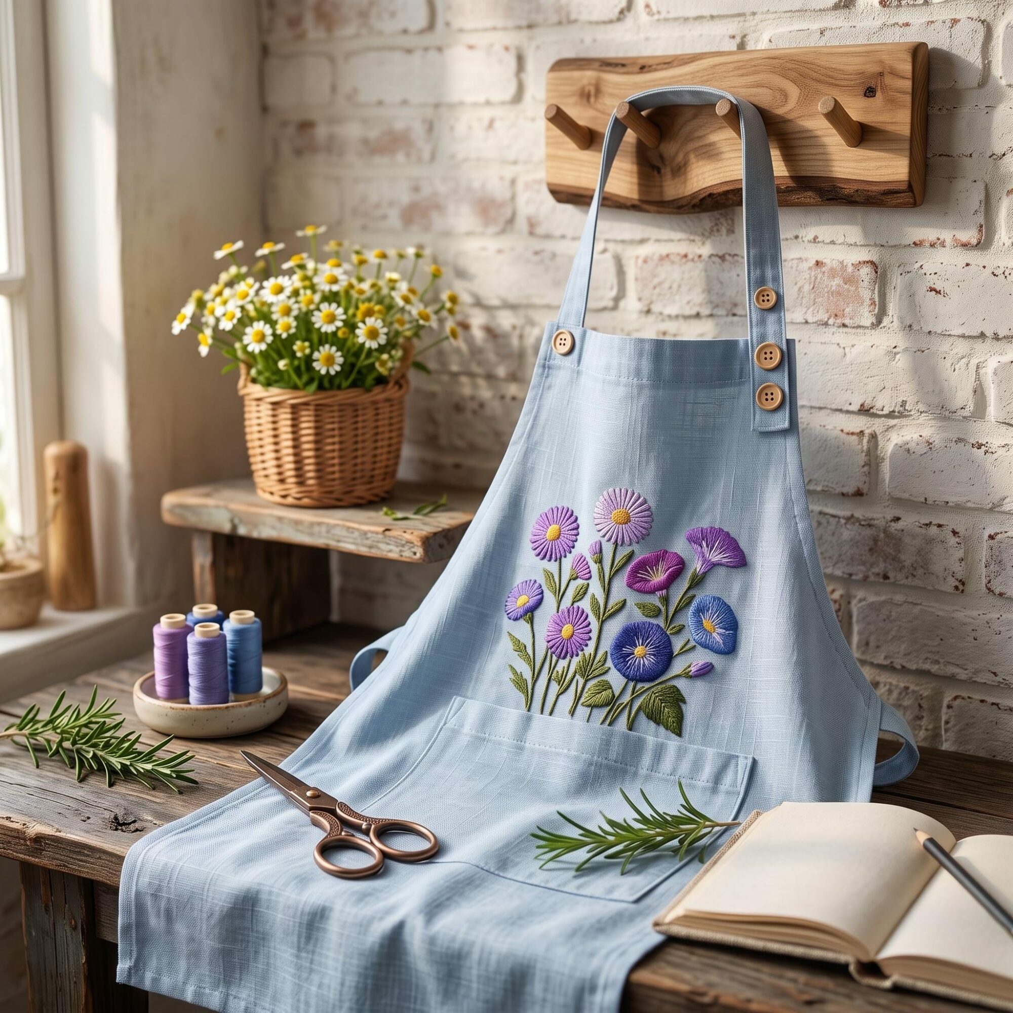 Personalized Embroidered Birth Month Flower Apron with Custom Name, Floral Linen Kitchen Cooking Baking Apron, Custom Gift for Mom & Grandma