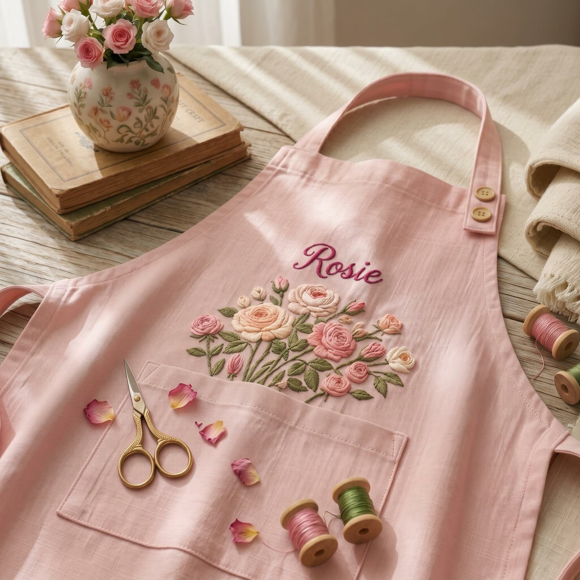 Personalized Embroidered Birth Month Flower Apron with Custom Name, Floral Linen Kitchen Cooking Baking Apron, Custom Gift for Mom & Grandma