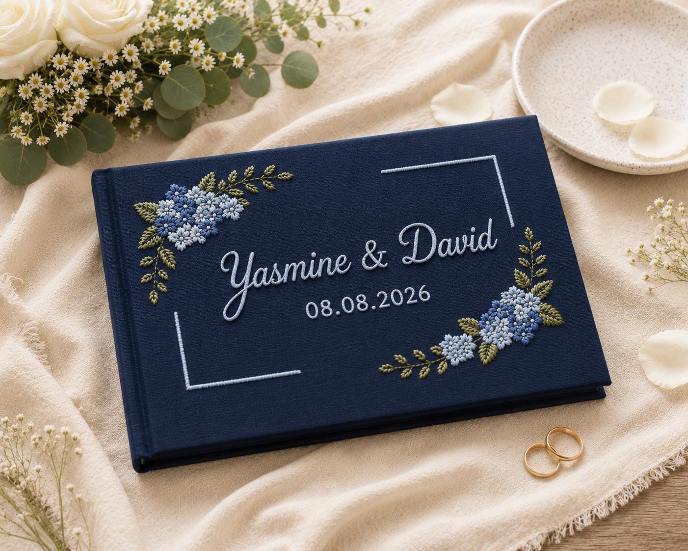 Letters to the Bride Hydrangea Embroidered Guest Book – Personalized Linen Wedding Keepsake