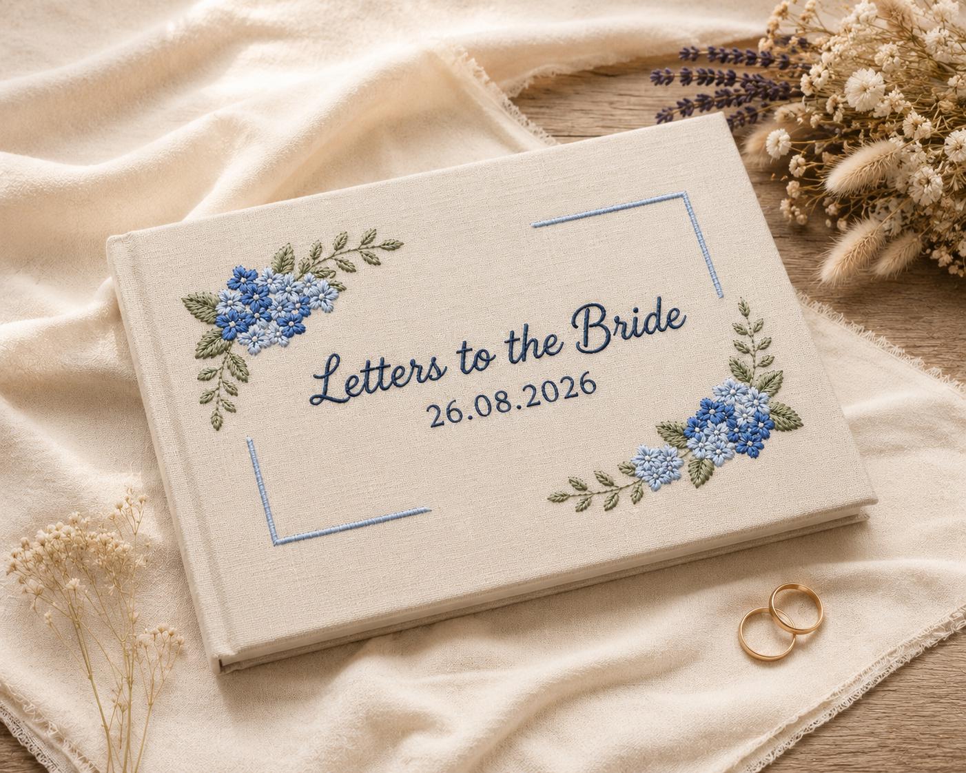 Letters to the Bride Hydrangea Embroidered Guest Book – Personalized Linen Wedding Keepsake