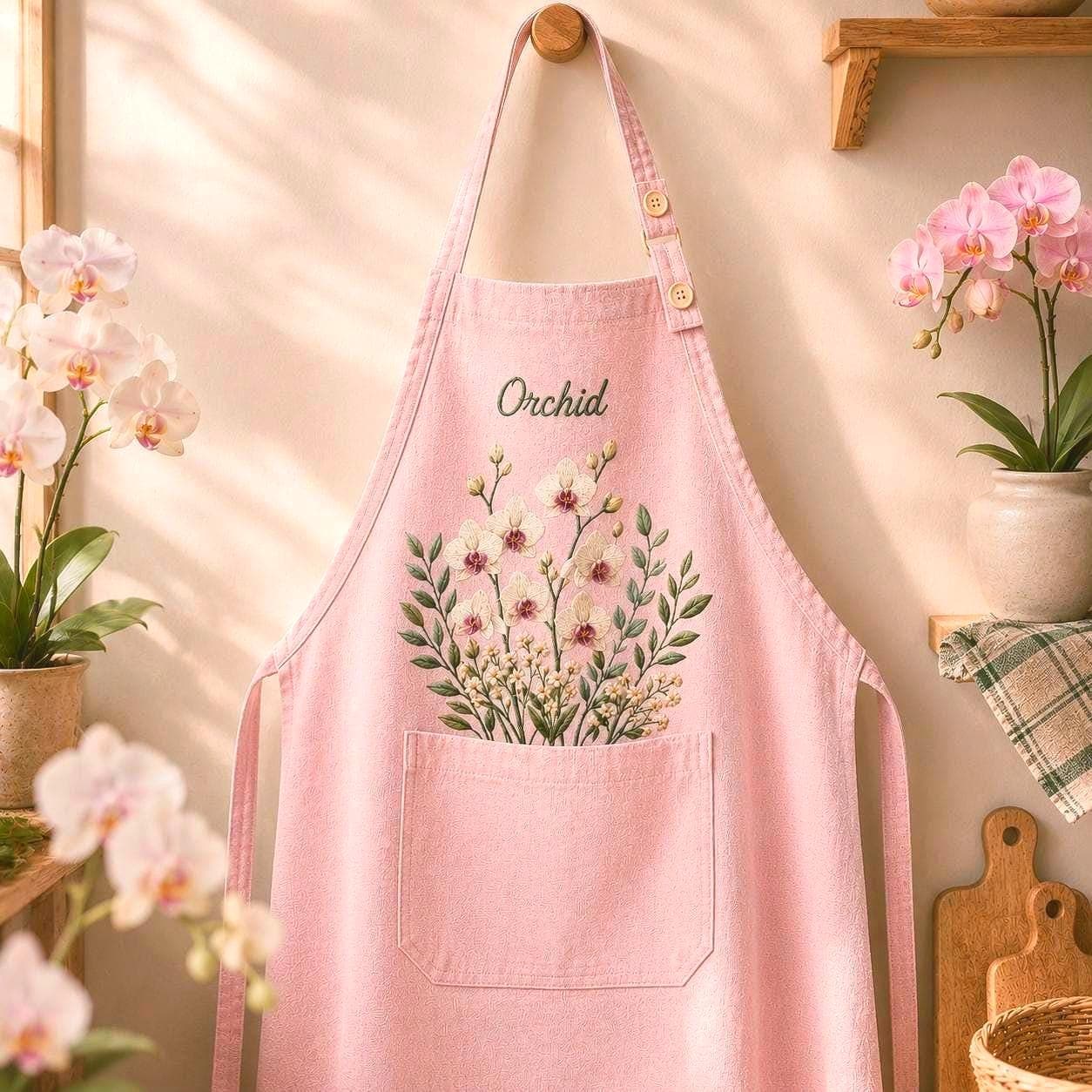 Orchid Garden Embroidered Linen Apron – Custom Name Gift for Mom