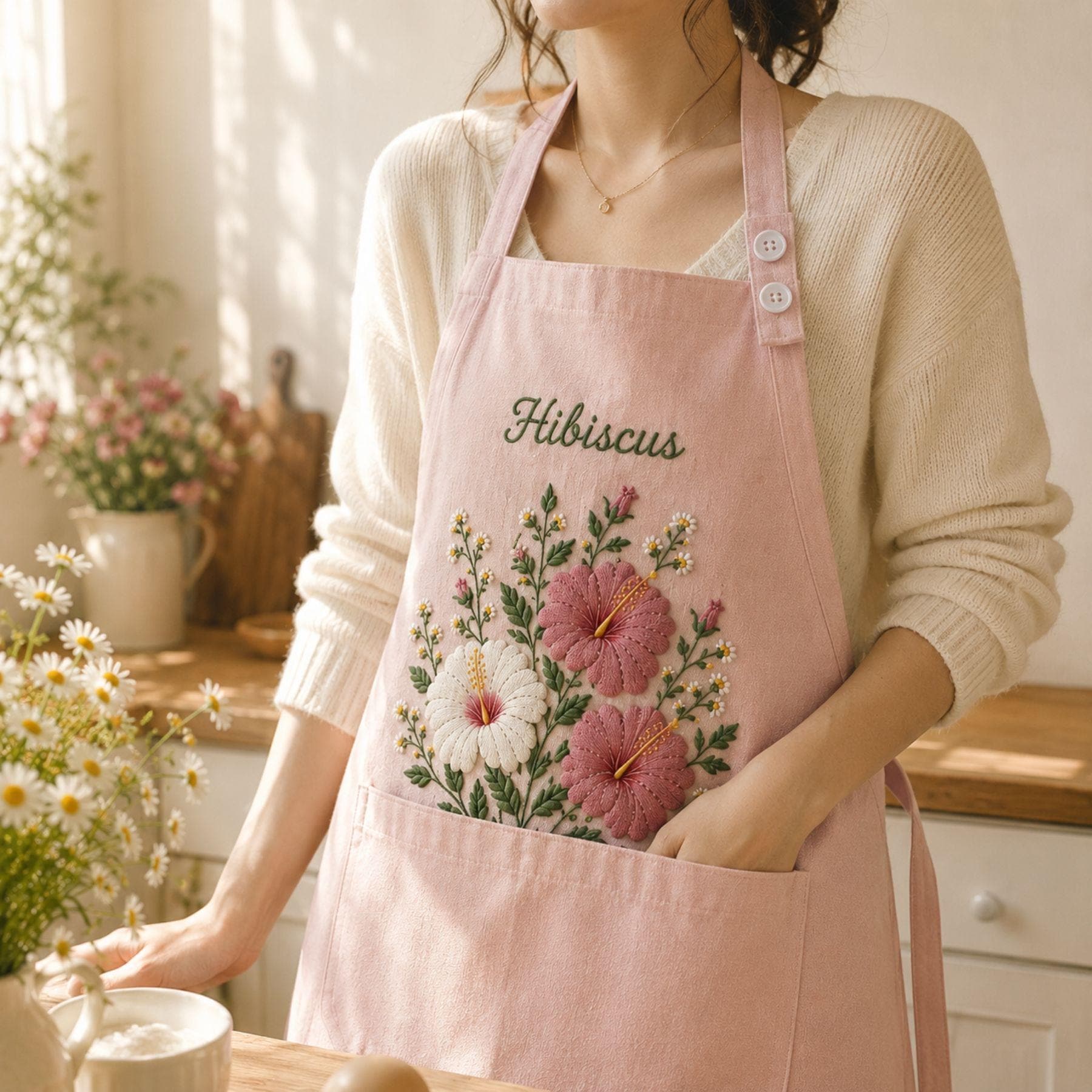 Hibiscus Garden Embroidered Linen Apron – Custom Name Gift for Mom