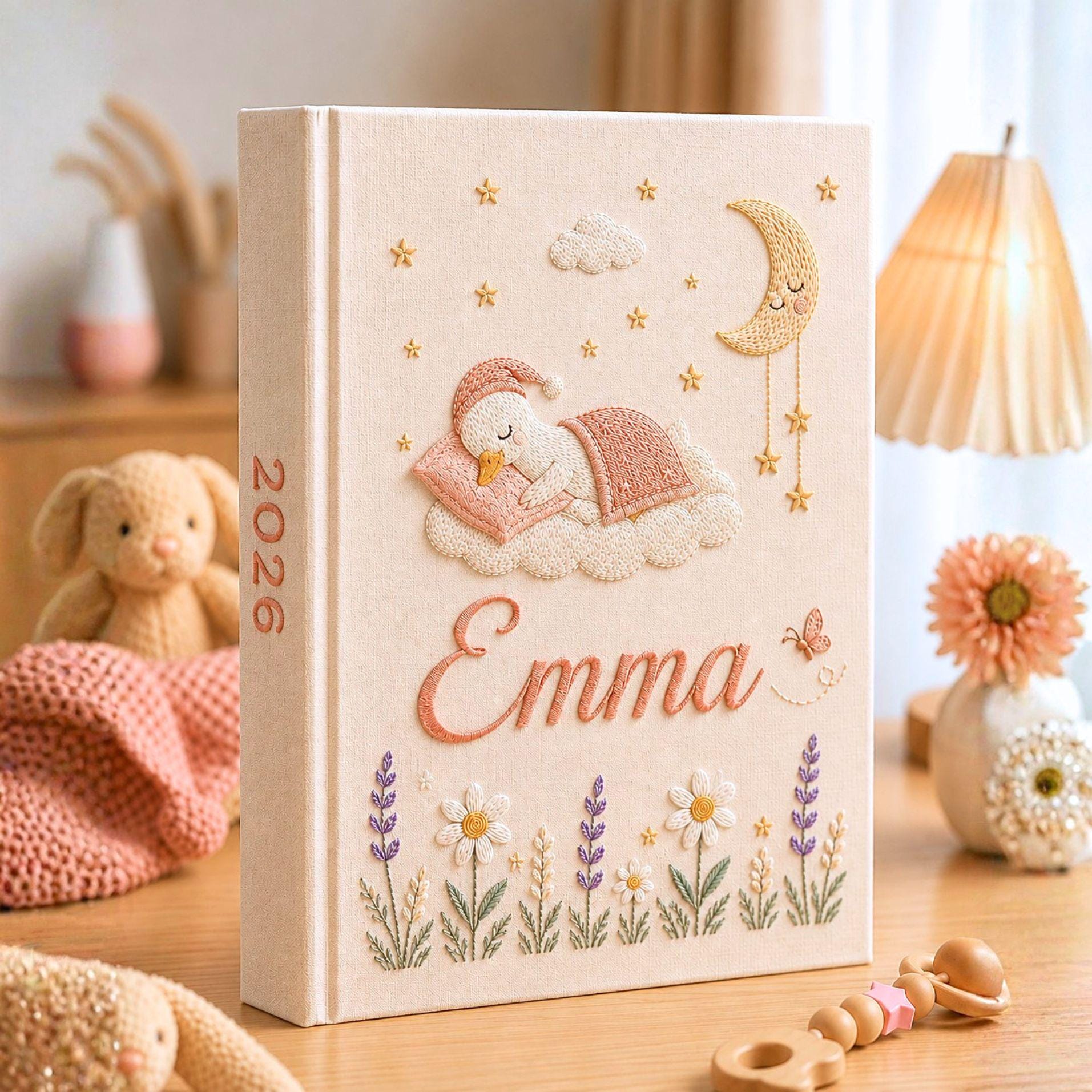 Custom Embroidered Baby Photo Album – Personalized Linen Memory Book