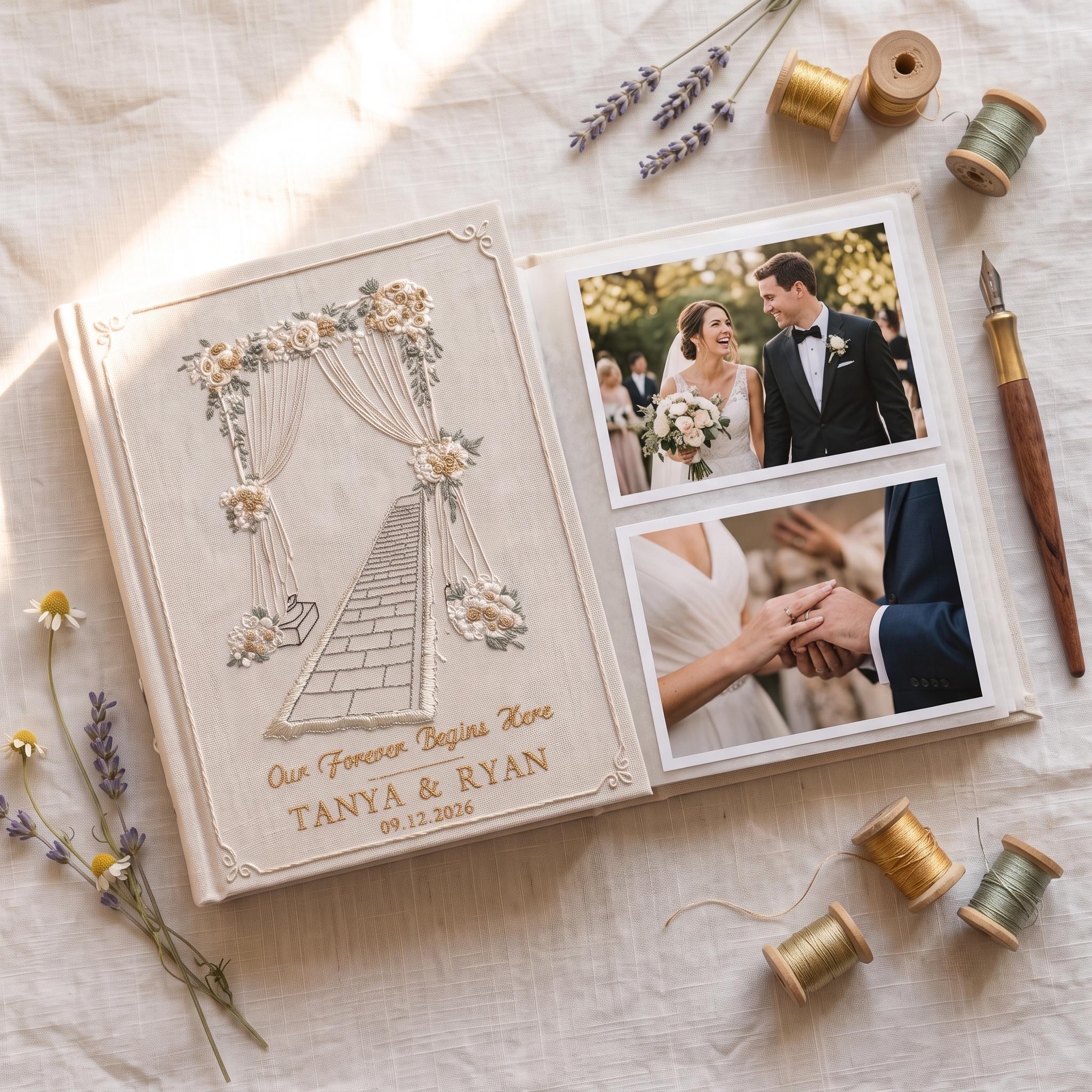 Wedding Venue Embroidered Photo Album – Personalized Names & Date Linen Keepsake Wedding Venue Embroidered Photo Album – Personalized Names & Date Linen Keepsake