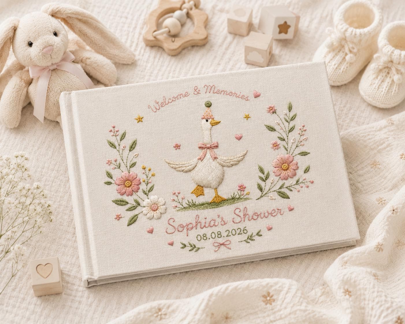 Silly Goose Embroidered Baby Shower Guest Book – Personalized Linen Keepsake