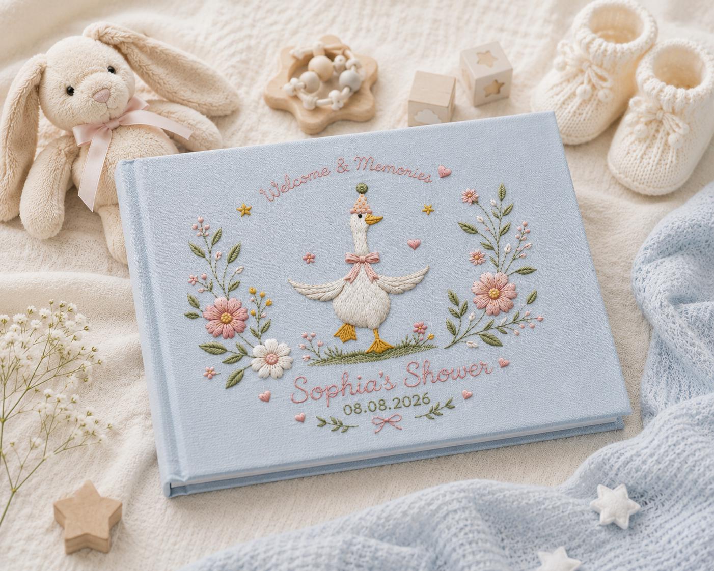 Silly Goose Embroidered Baby Shower Guest Book – Personalized Linen Keepsake Silly Goose Embroidered Baby Shower Guest Book – Personalized Linen Keepsake