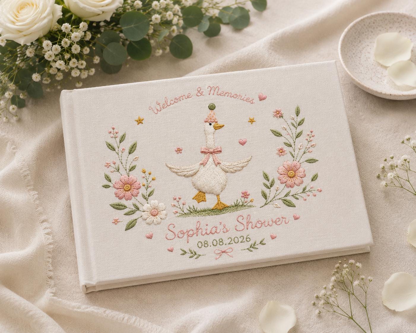 Silly Goose Embroidered Baby Shower Guest Book – Personalized Linen Keepsake Silly Goose Embroidered Baby Shower Guest Book – Personalized Linen Keepsake