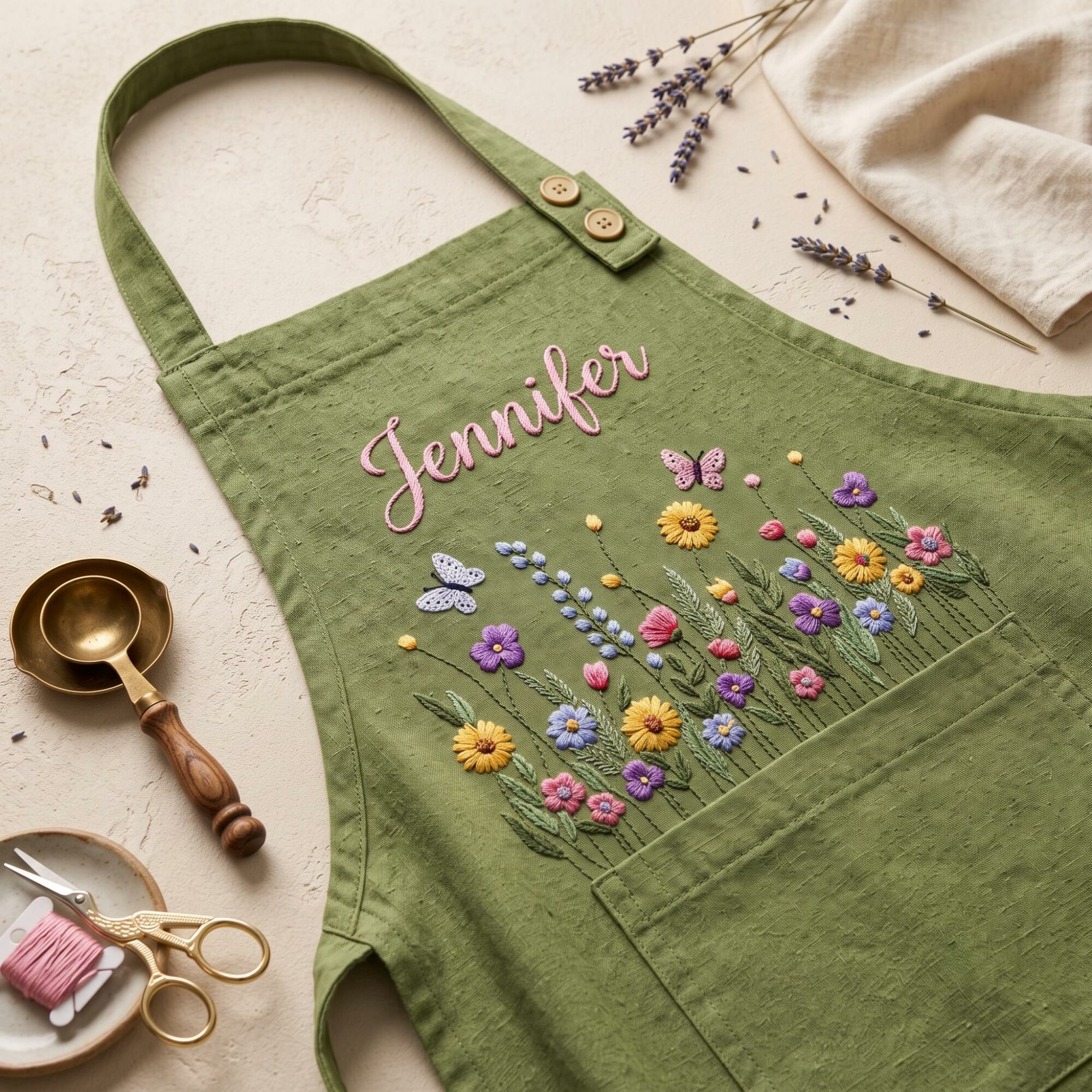 Custom Name Butterfly Floral Embroidered Apron, Personalized Wildflower Garden Cooking Gift for Women, Embroidered Linen Kitchen Smock