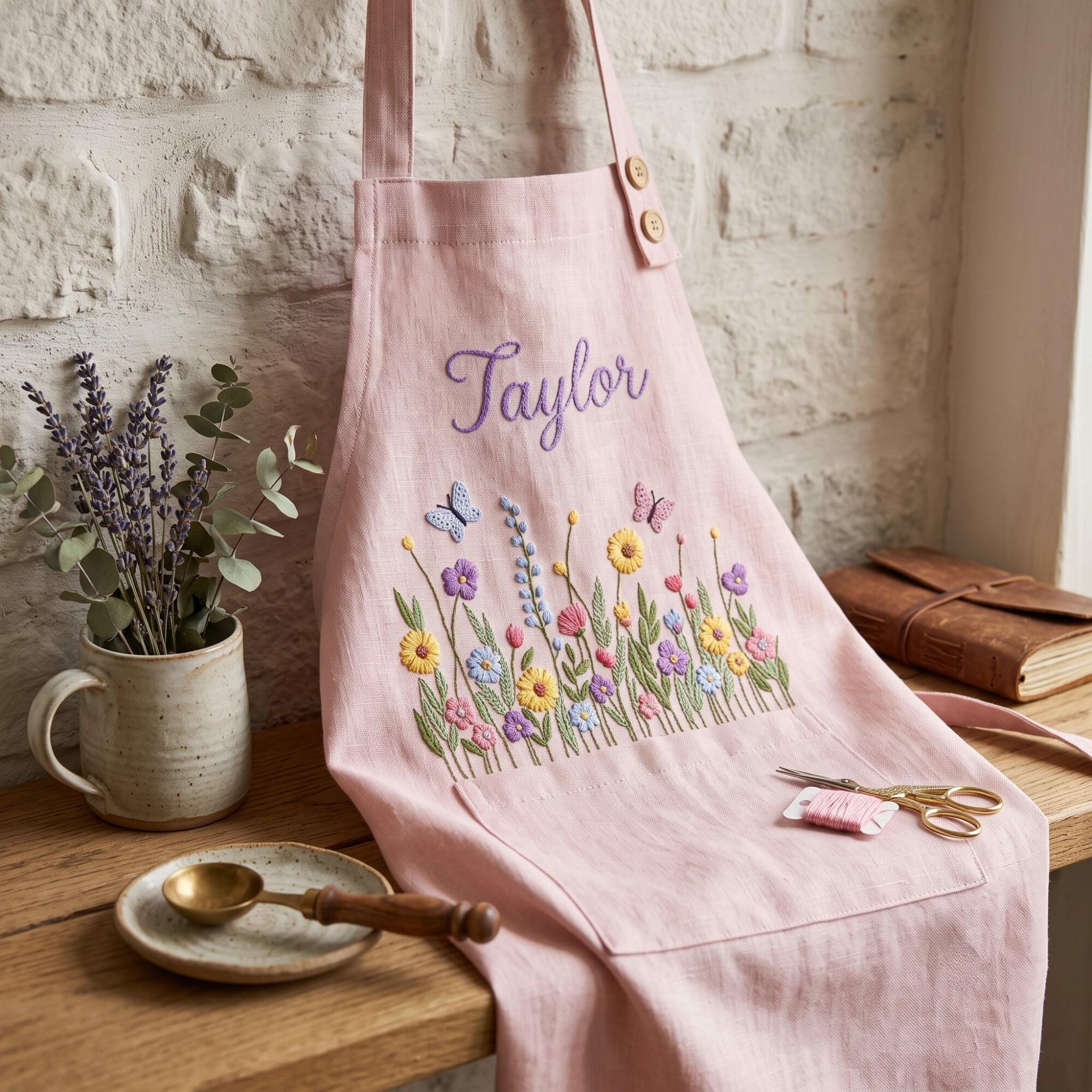 Butterfly Wildflower Embroidered Linen Apron – Custom Name Garden Gift for Women