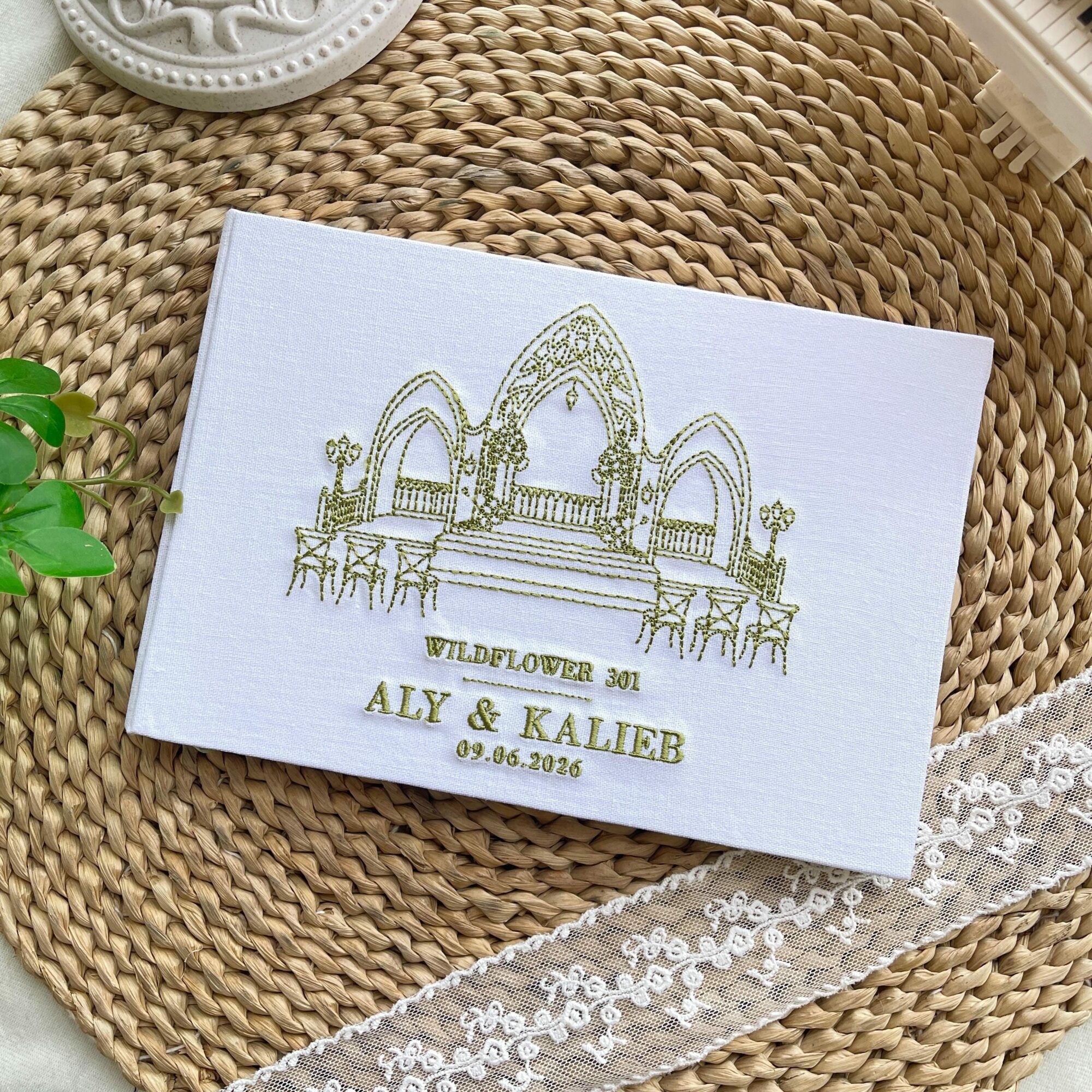 Portrait Wedding Venue Embroidered Guest Book – Custom Photo Linen Keepsake 1 Personalized Portrait Wedding Venue Embroidered Linen GuestBook, Custom Photo Album, Engagement Sign In Book, Wedding Keepsake