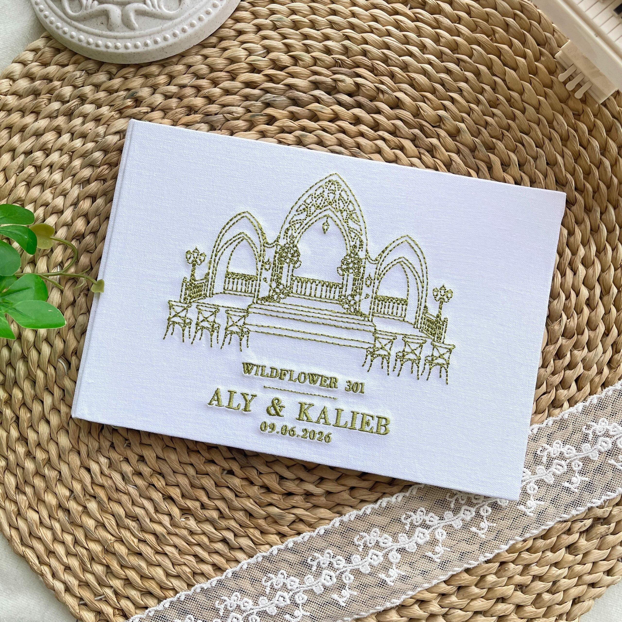 Portrait Wedding Venue Embroidered Guest Book – Custom Photo Linen Keepsake Portrait Wedding Venue Embroidered Guest Book – Custom Photo Linen Keepsake