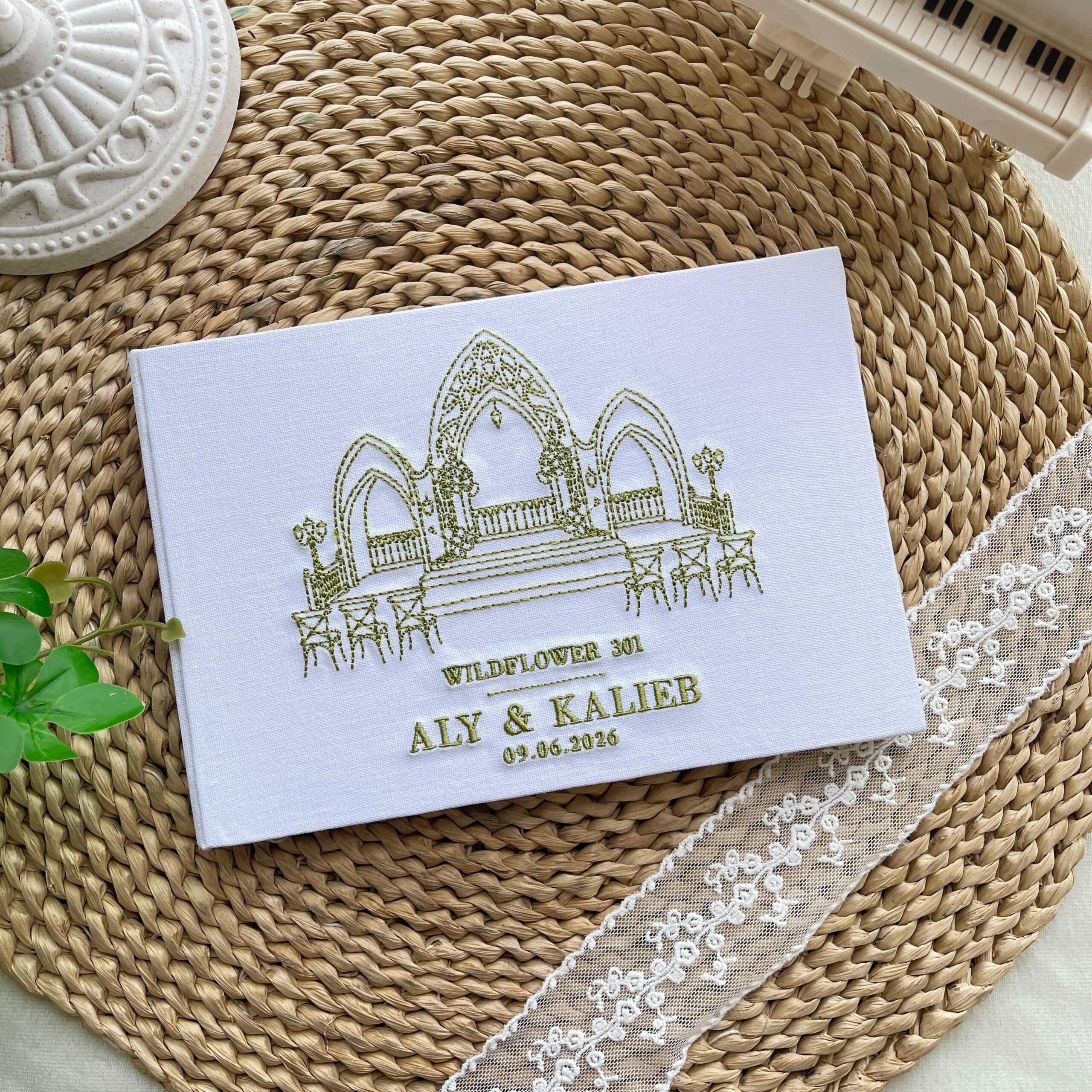 Portrait Wedding Venue Embroidered Guest Book – Custom Photo Linen Keepsake Portrait Wedding Venue Embroidered Guest Book – Custom Photo Linen Keepsake