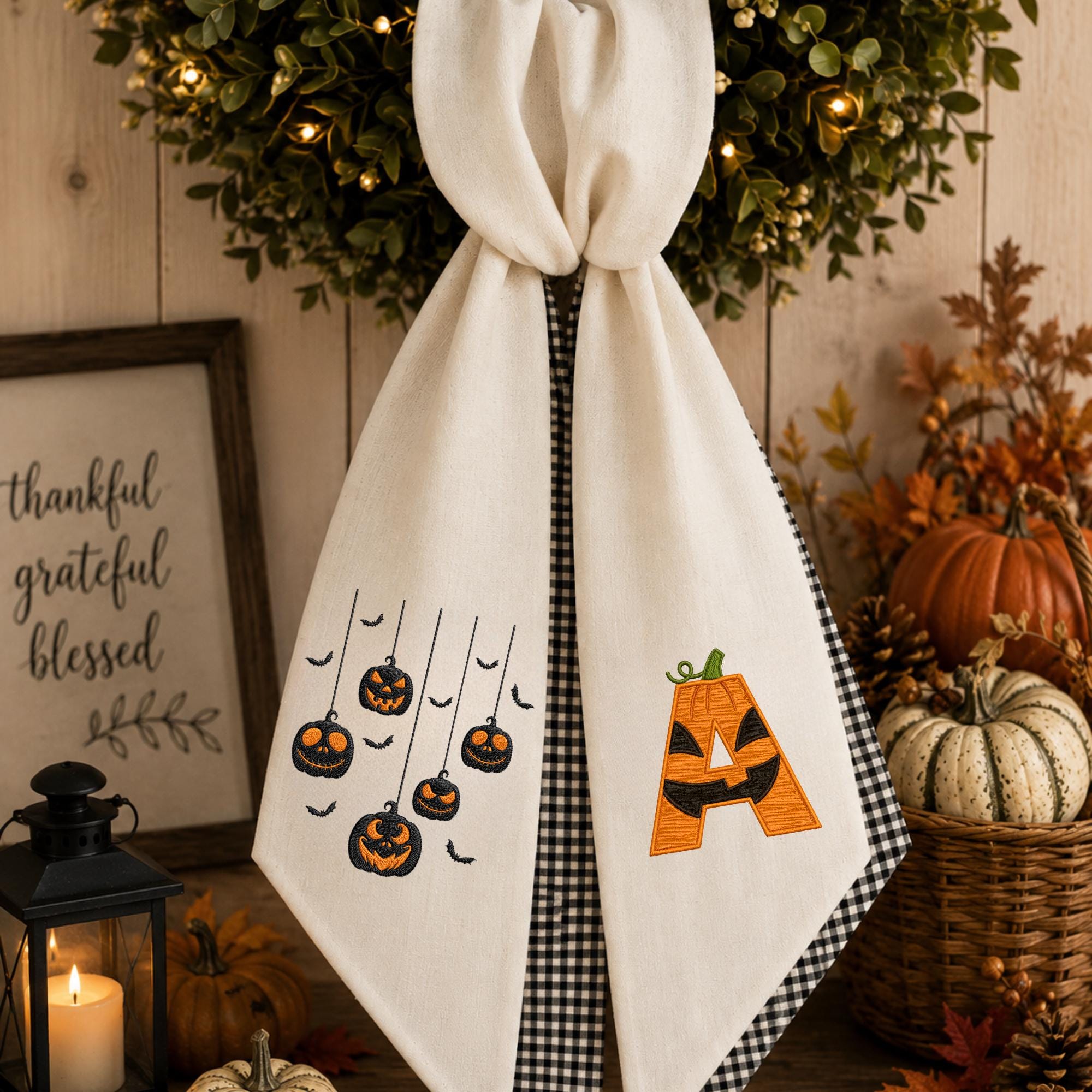 Halloween Pumpkin Wreath Sash – Custom Initial Buffalo Check Door Decor