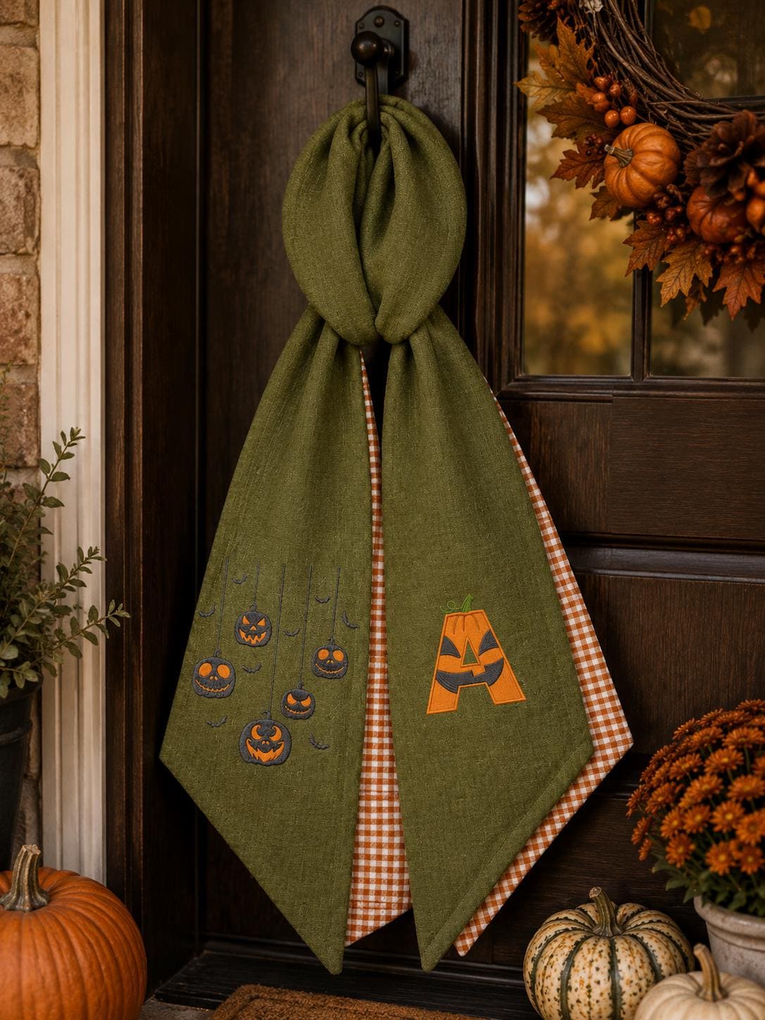 Halloween Pumpkin Wreath Sash – Custom Initial Buffalo Check Door Decor