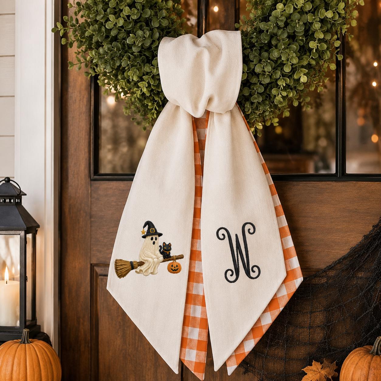 Ghost & Black Cat Halloween Embroidered Wreath Sash – Custom Monogram Door Decor Ghost & Black Cat Halloween Embroidered Wreath Sash – Custom Monogram Door Decor