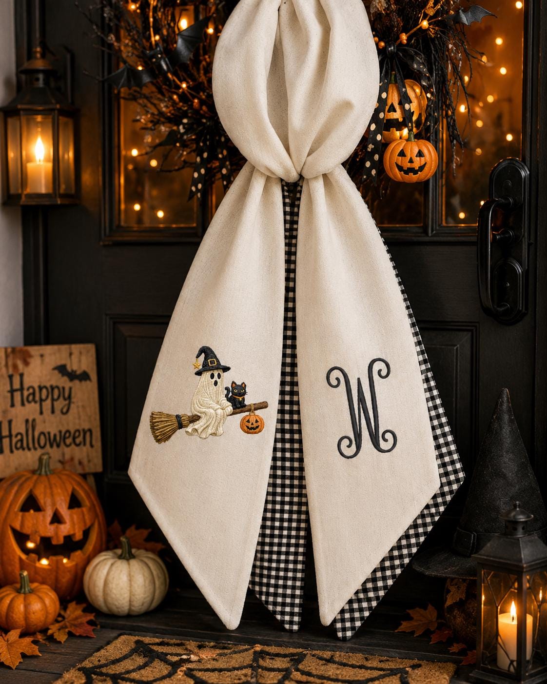 Ghost & Black Cat Halloween Embroidered Wreath Sash – Custom Monogram Door Decor