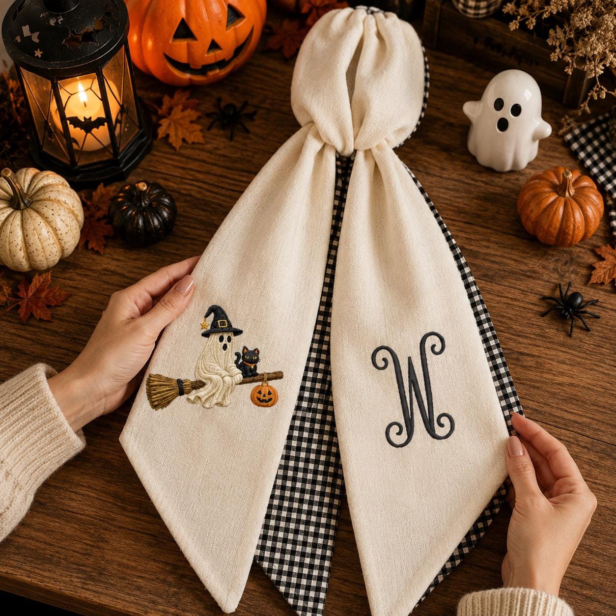 Ghost & Black Cat Halloween Embroidered Wreath Sash – Custom Monogram Door Decor Ghost & Black Cat Halloween Embroidered Wreath Sash – Custom Monogram Door Decor