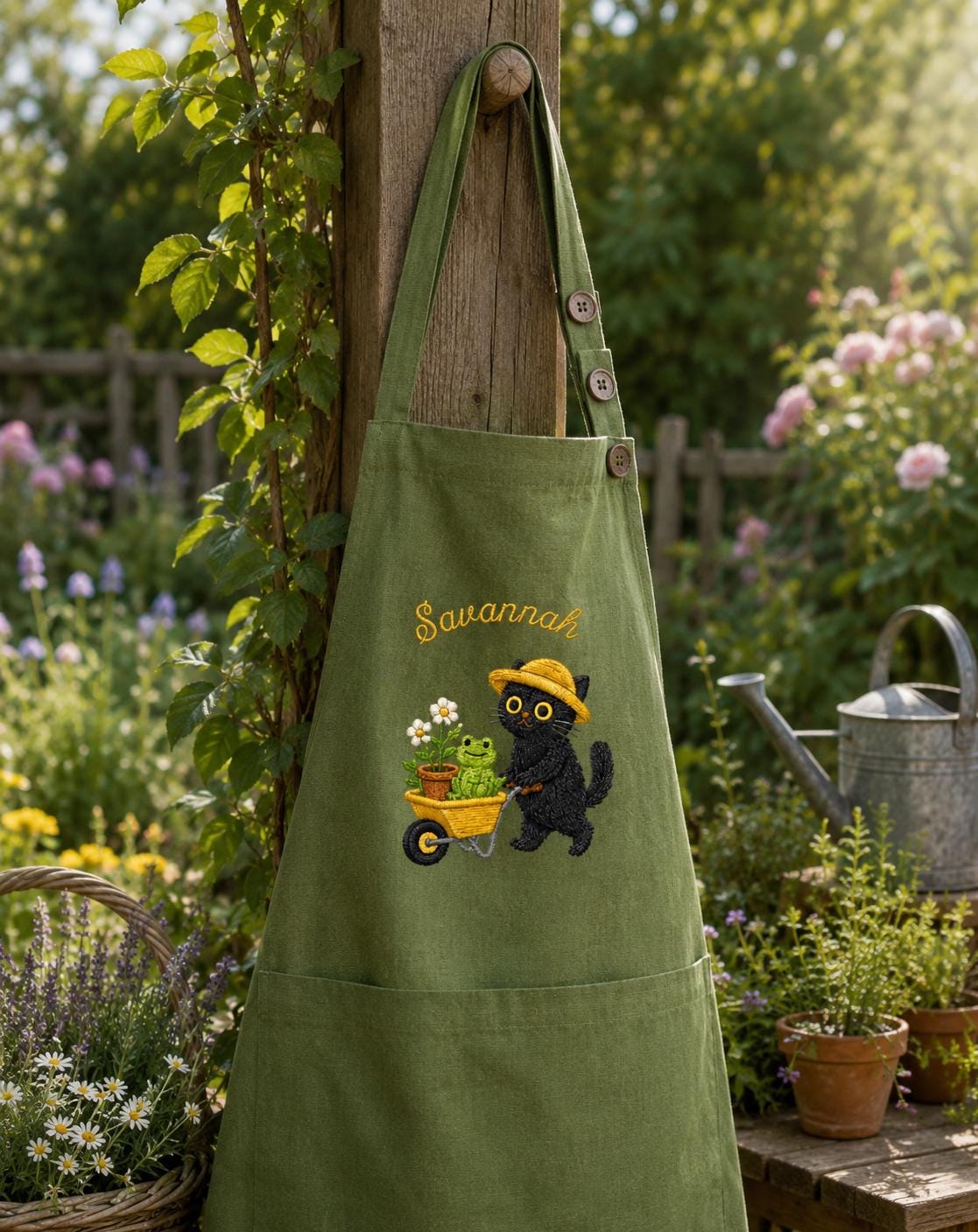 Black Cat & Frog Embroidered Garden Apron – Custom Name Plant Lover Gift