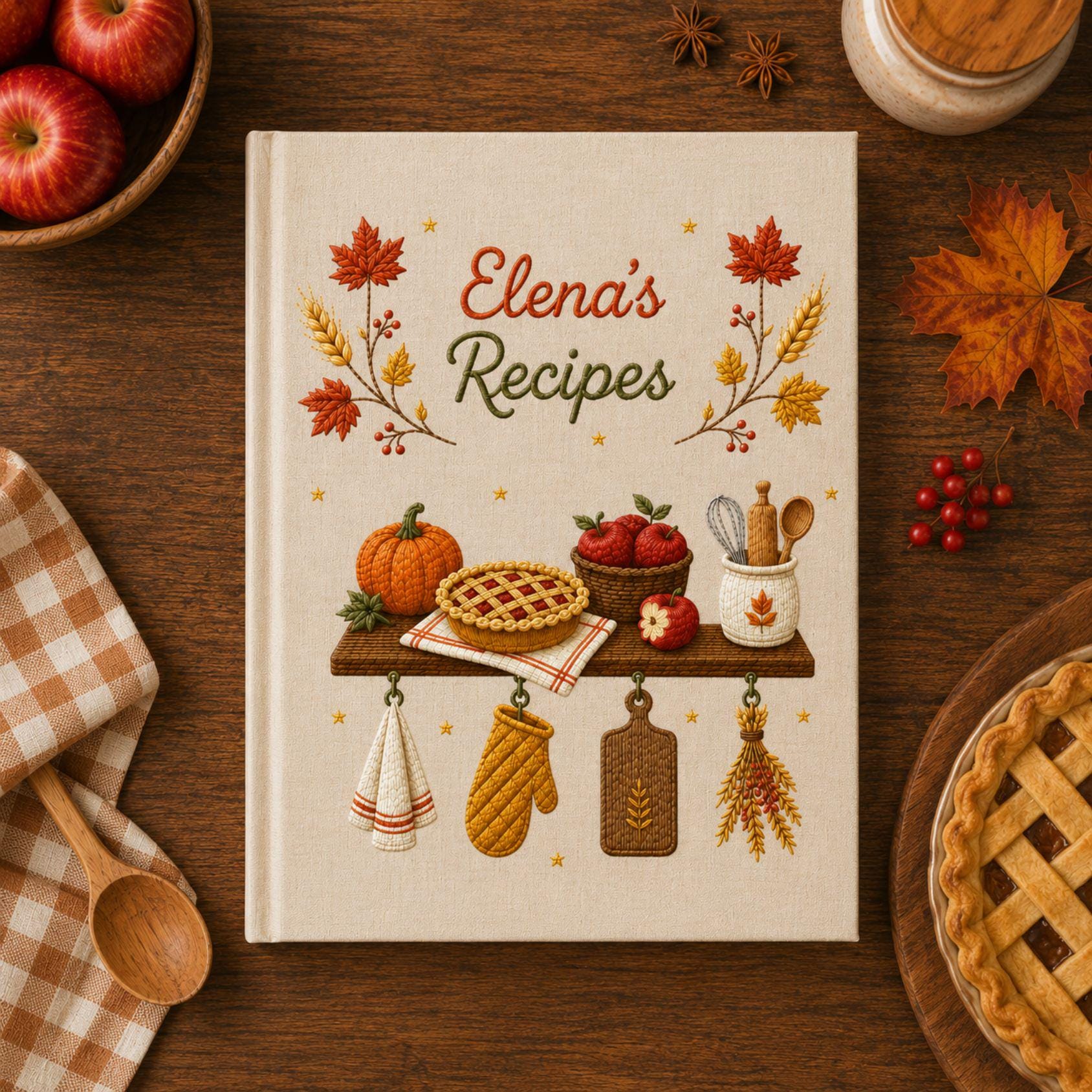 Custom Embroidered Autumn Shelf Recipe Book – Personalized Baking Cookbook